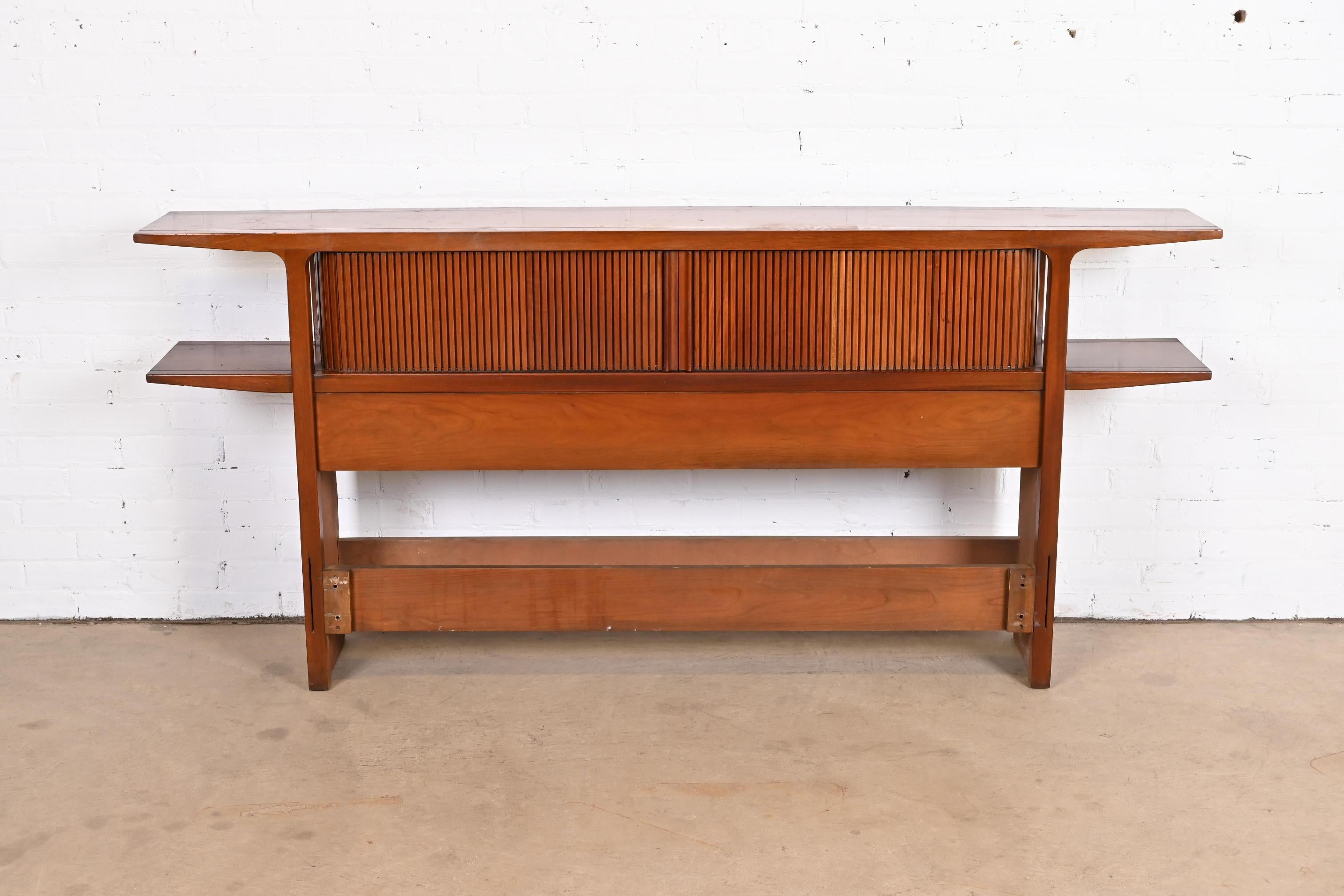 Mid-Century Modern John Van Koert for Drexel Sculpted Walnut Tambour Door Bookcase Headboard, 1956