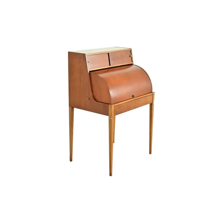 John Van Koert Mid-Century Modern Sculpted Cherry Wood Roll Top Desk, 1959