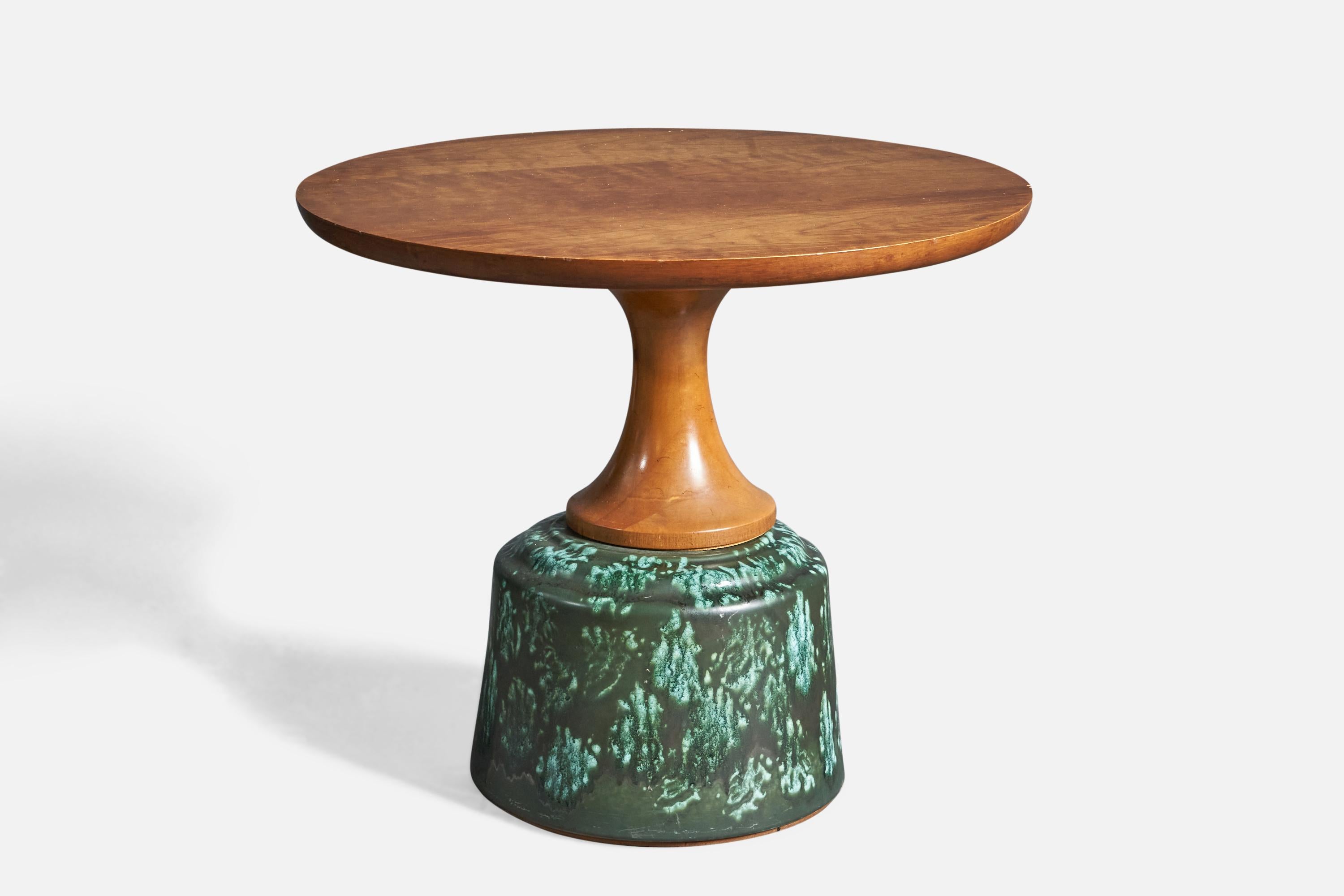 A walnut and green-glazed ceramic side table, designed by John Van Koert and produced by Drexel, USA, c. 1950s.
