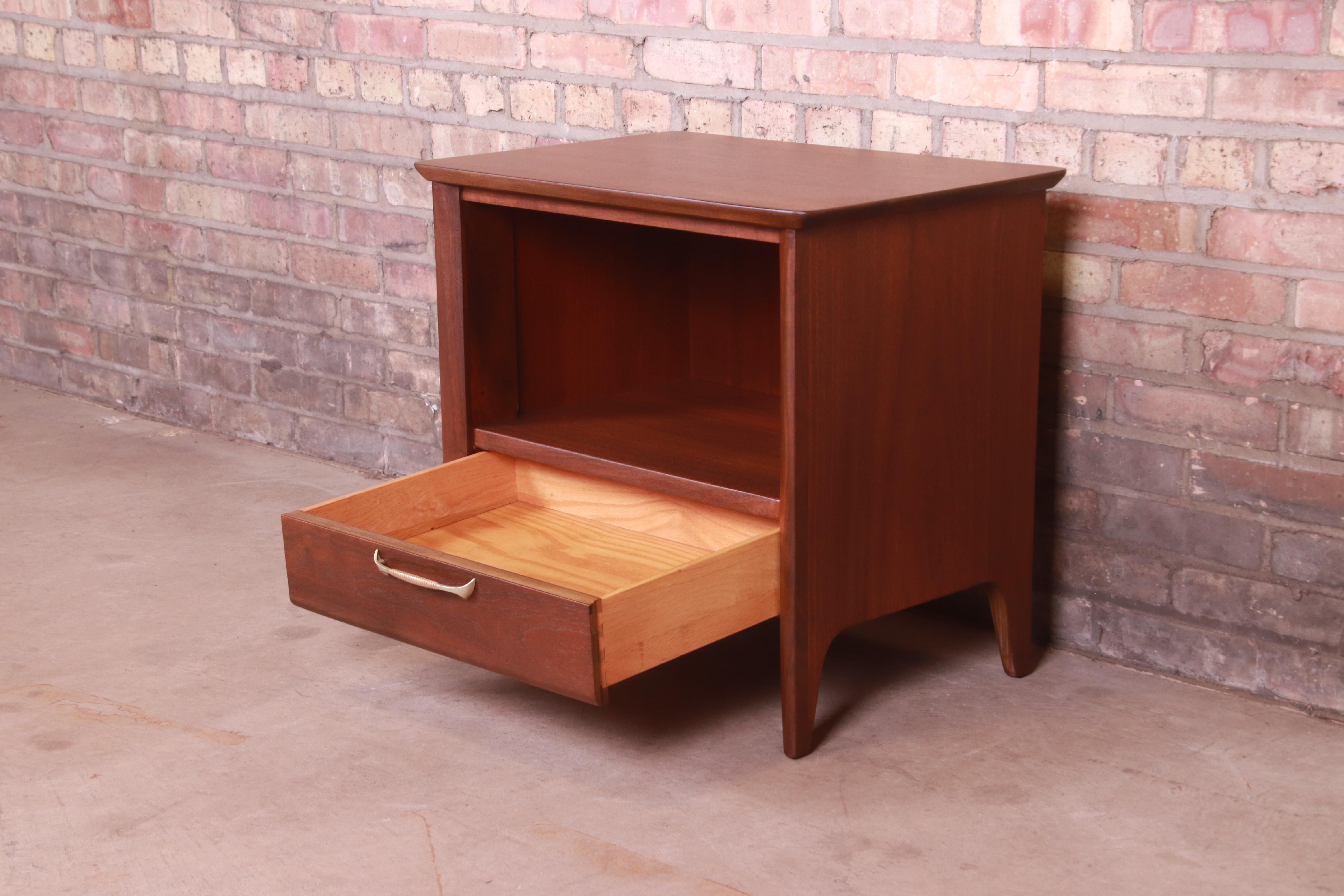 Brass John Van Koert Style Mid-Century Modern Sculpted Walnut Nightstand, Refinished