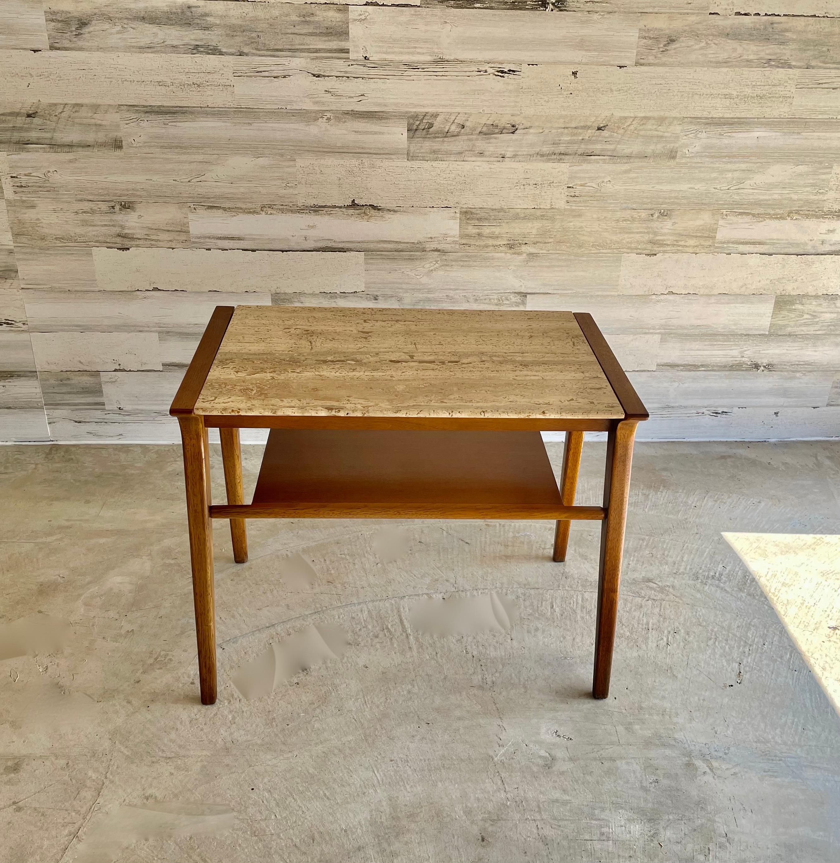 Mid-Century Modern John Van Koert Walnut and Travertine Side Table for Drexel