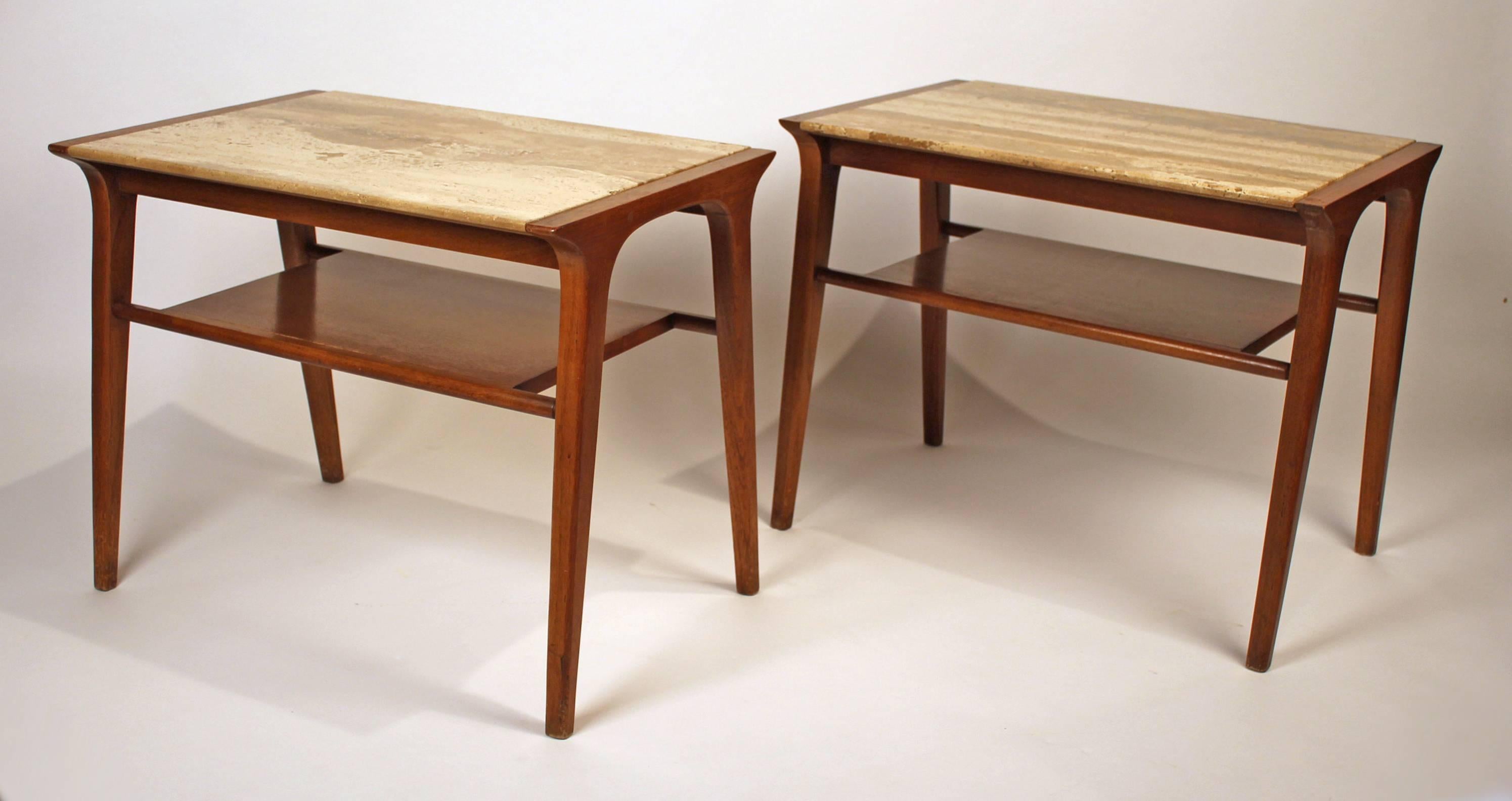 Stylish pair of walnut and travertine side tables by John Van Koert for Drexel.
