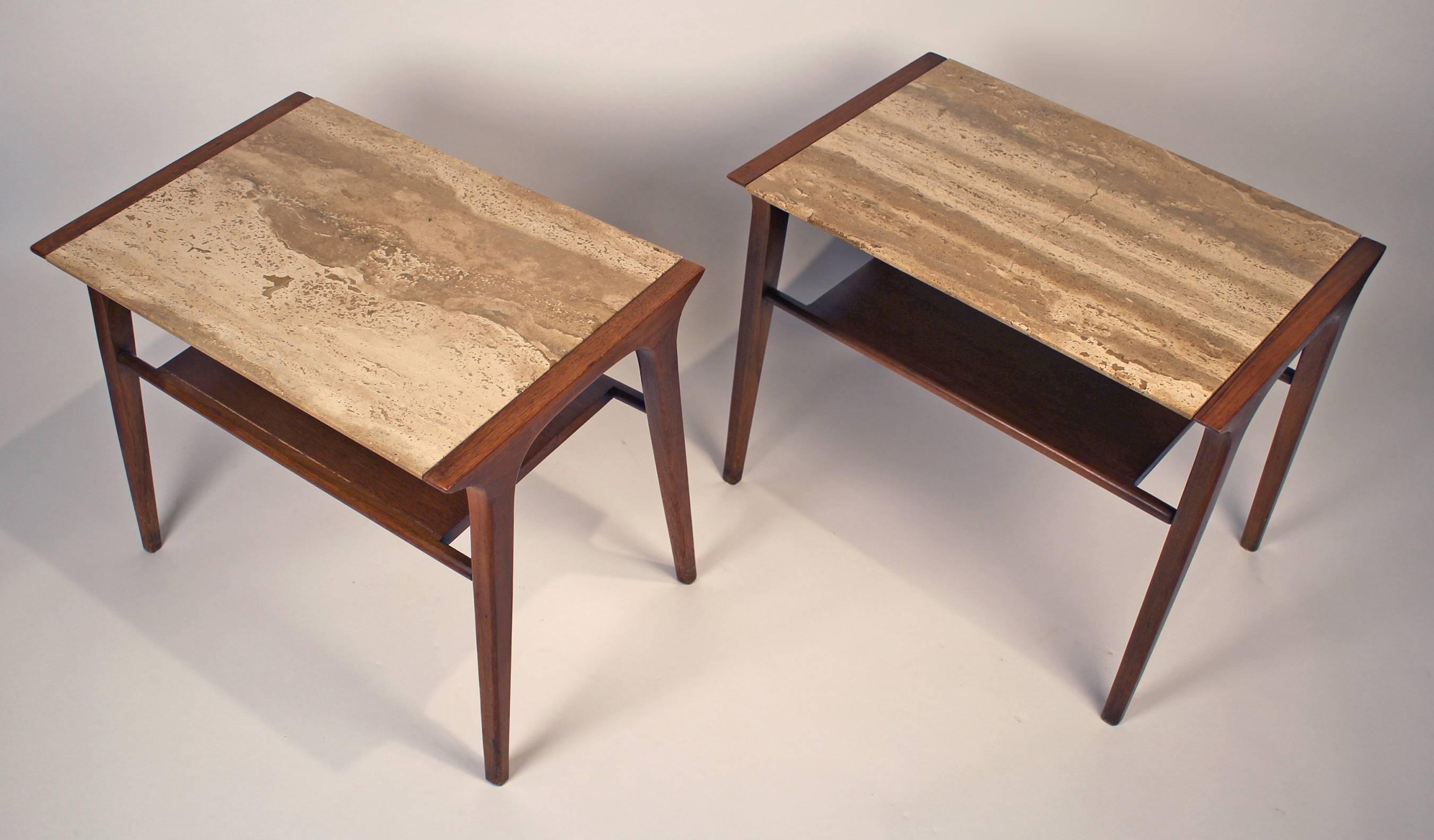Mid-Century Modern John Van Koert Walnut and Travertine Side Tables for Drexel
