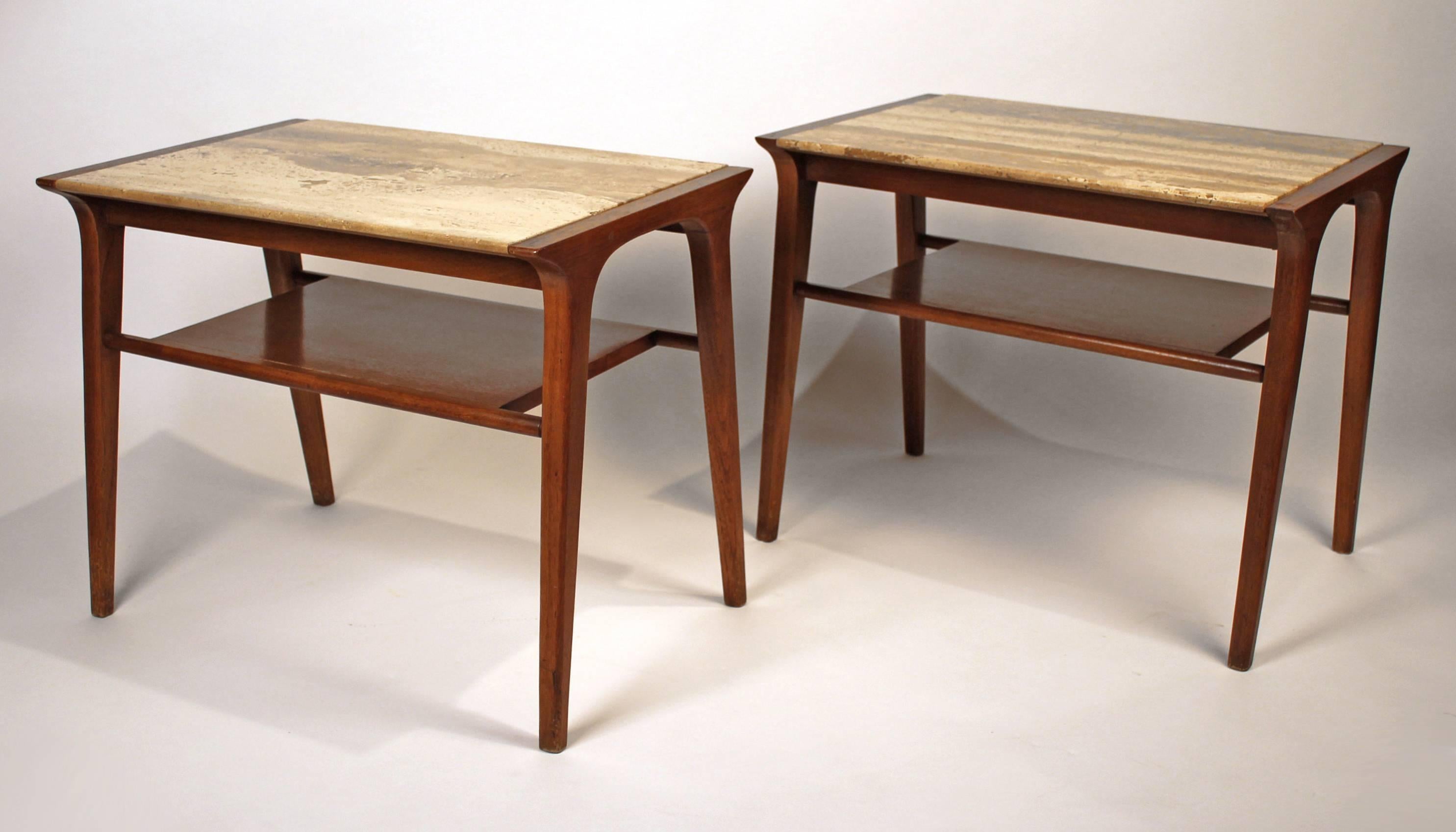 American John Van Koert Walnut and Travertine Side Tables for Drexel