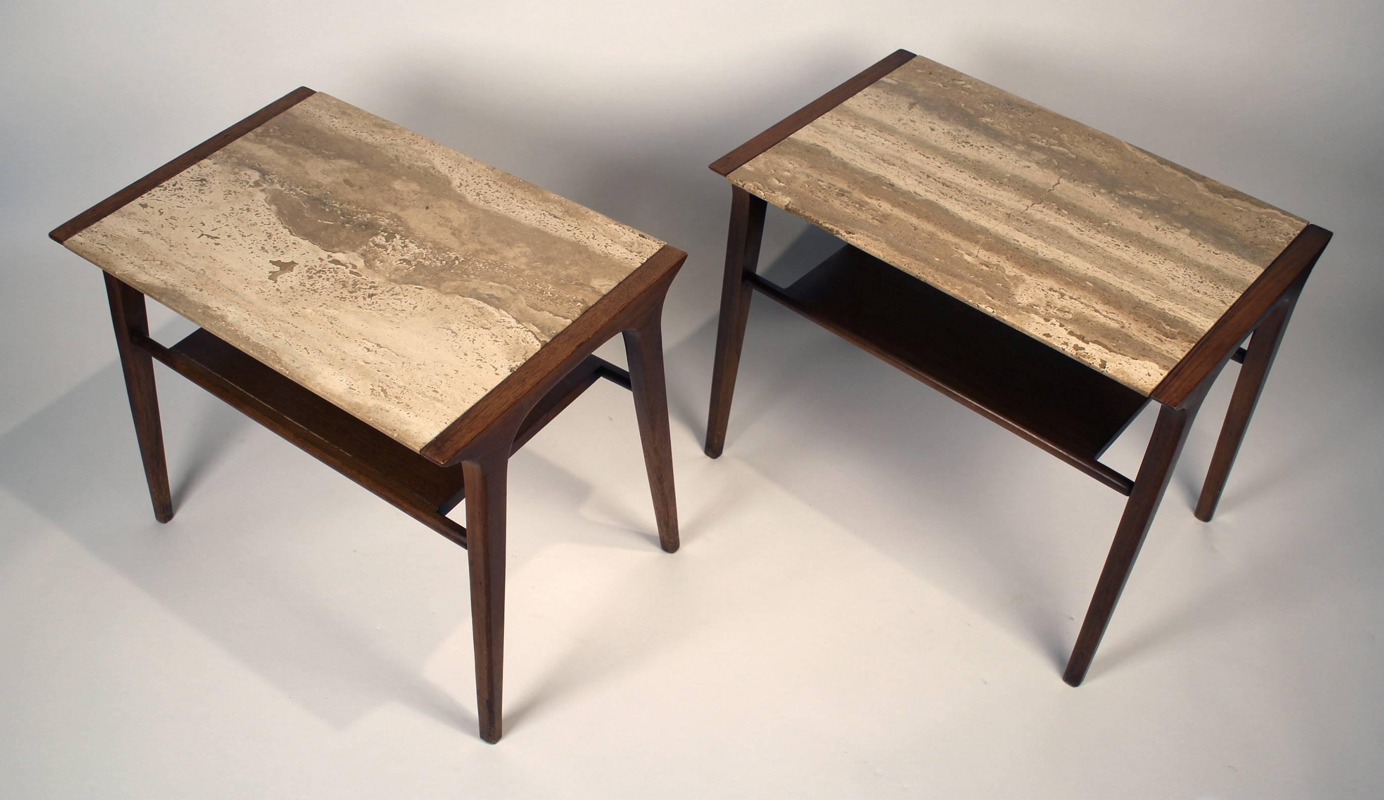 John Van Koert Walnut and Travertine Side Tables for Drexel In Good Condition In Dallas, TX