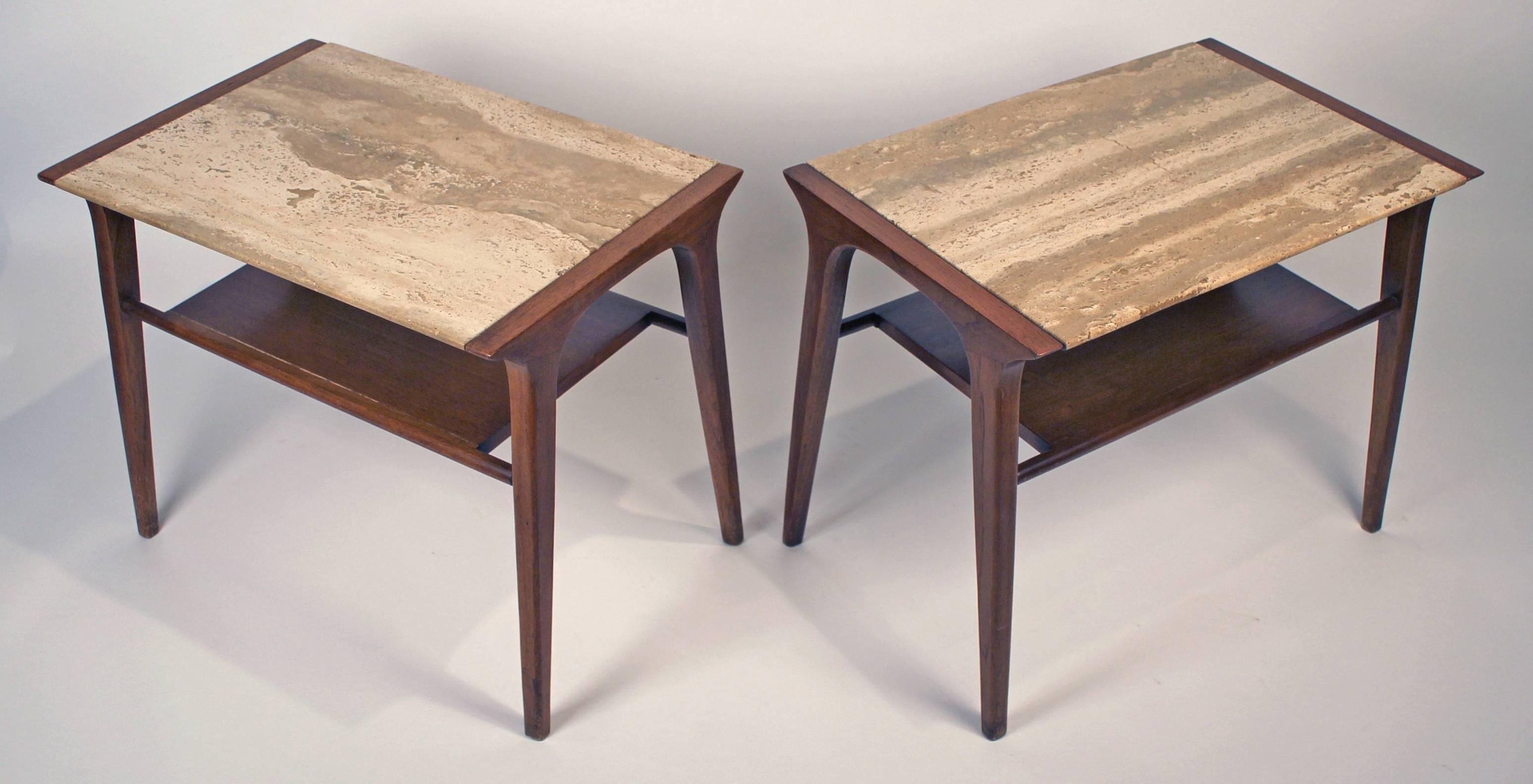 20th Century John Van Koert Walnut and Travertine Side Tables for Drexel