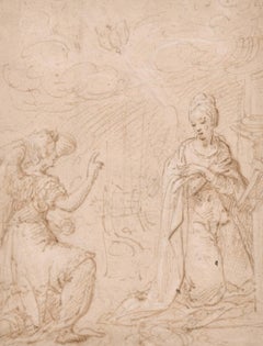 FINE EARLY 1700's OLD MASTER WASH DRAWING - GABRIEL APPEARING TO THE VIRGIN MARY
