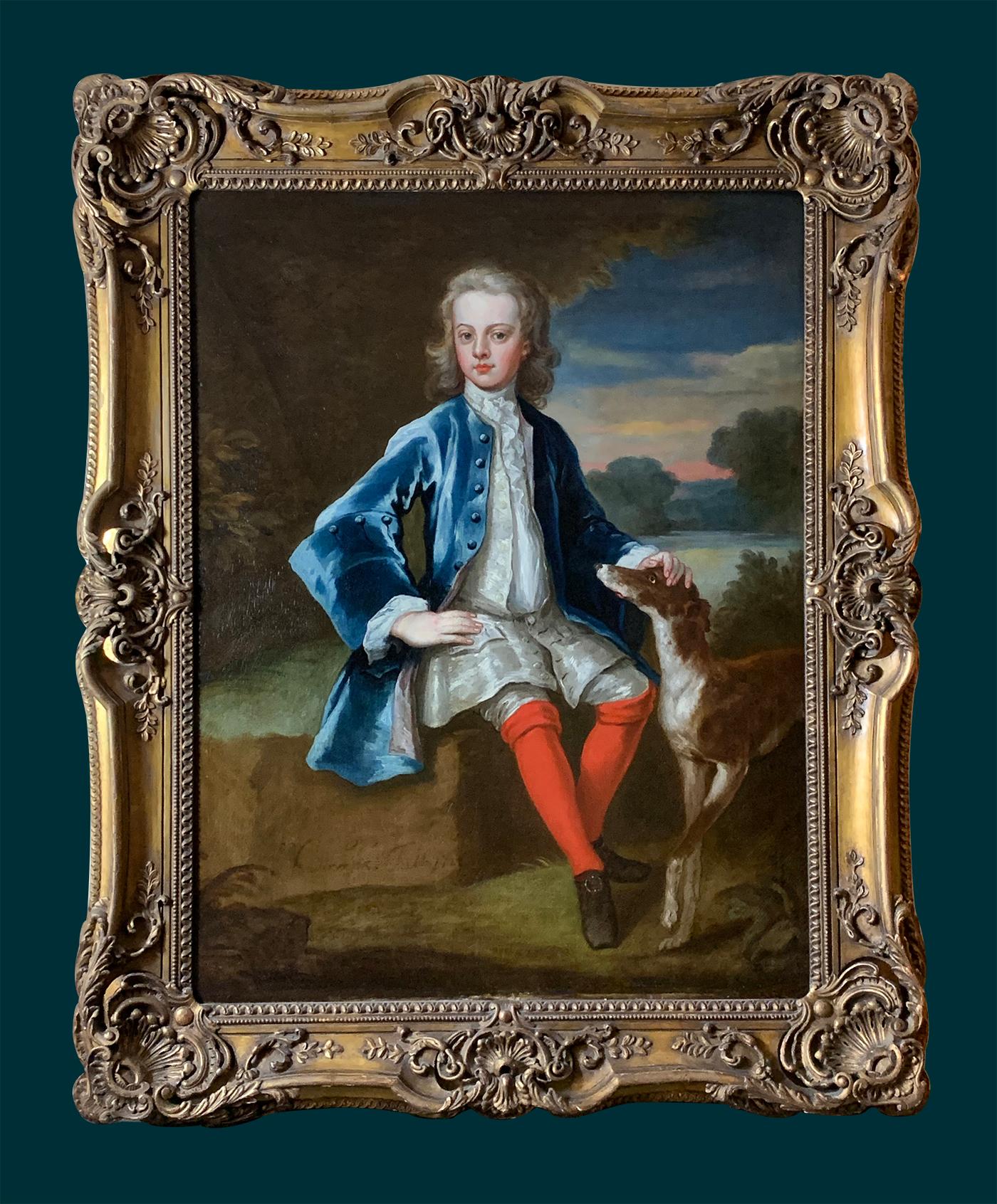 18th Century English Portrait of a Gentleman in a Blue Coat with his Dog For Sale 2