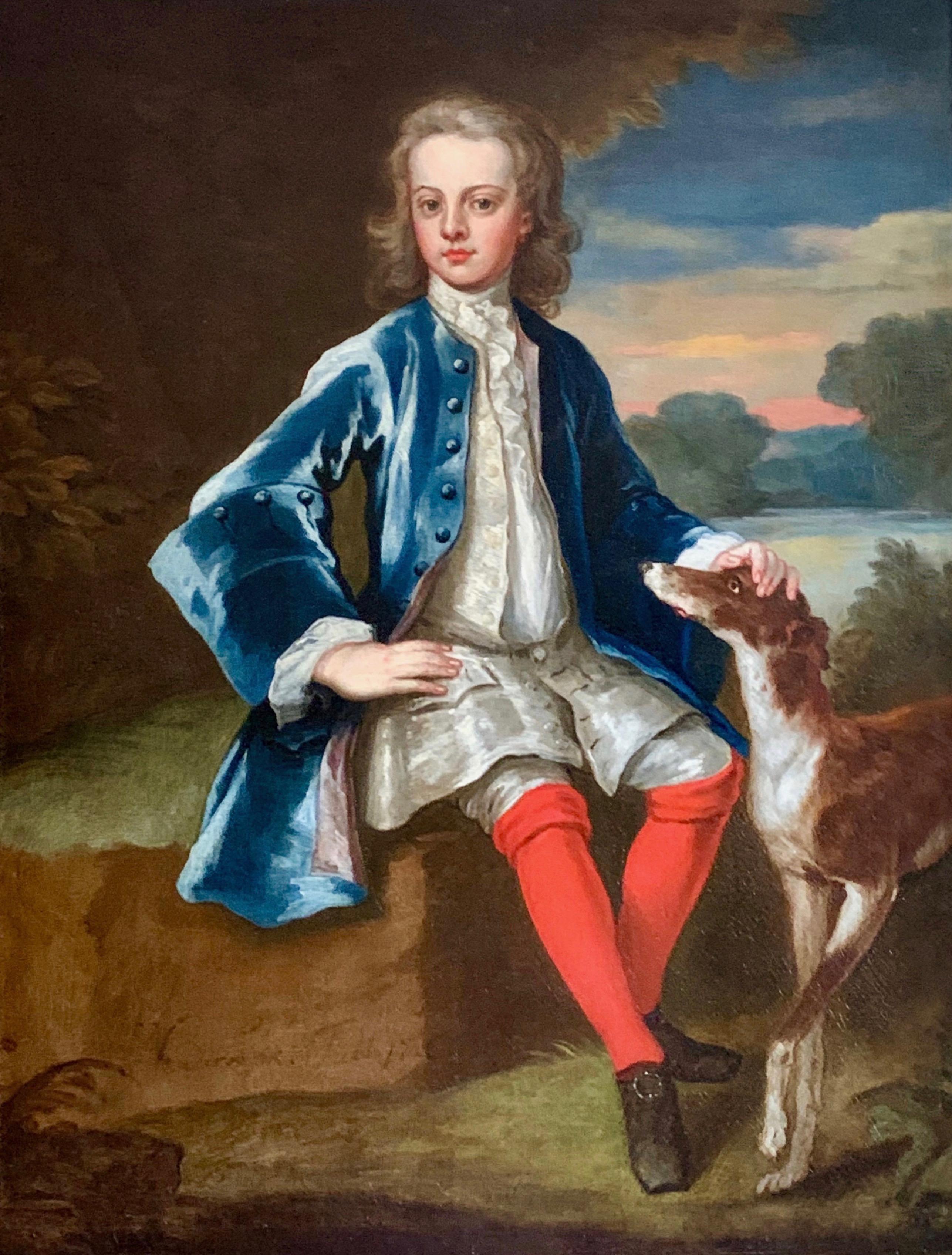 18th Century English Portrait of a Gentleman in a Blue Coat with his Dog For Sale 4