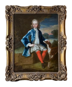 Antique 18th Century English Portrait of a Gentleman in a Blue Coat with his Dog