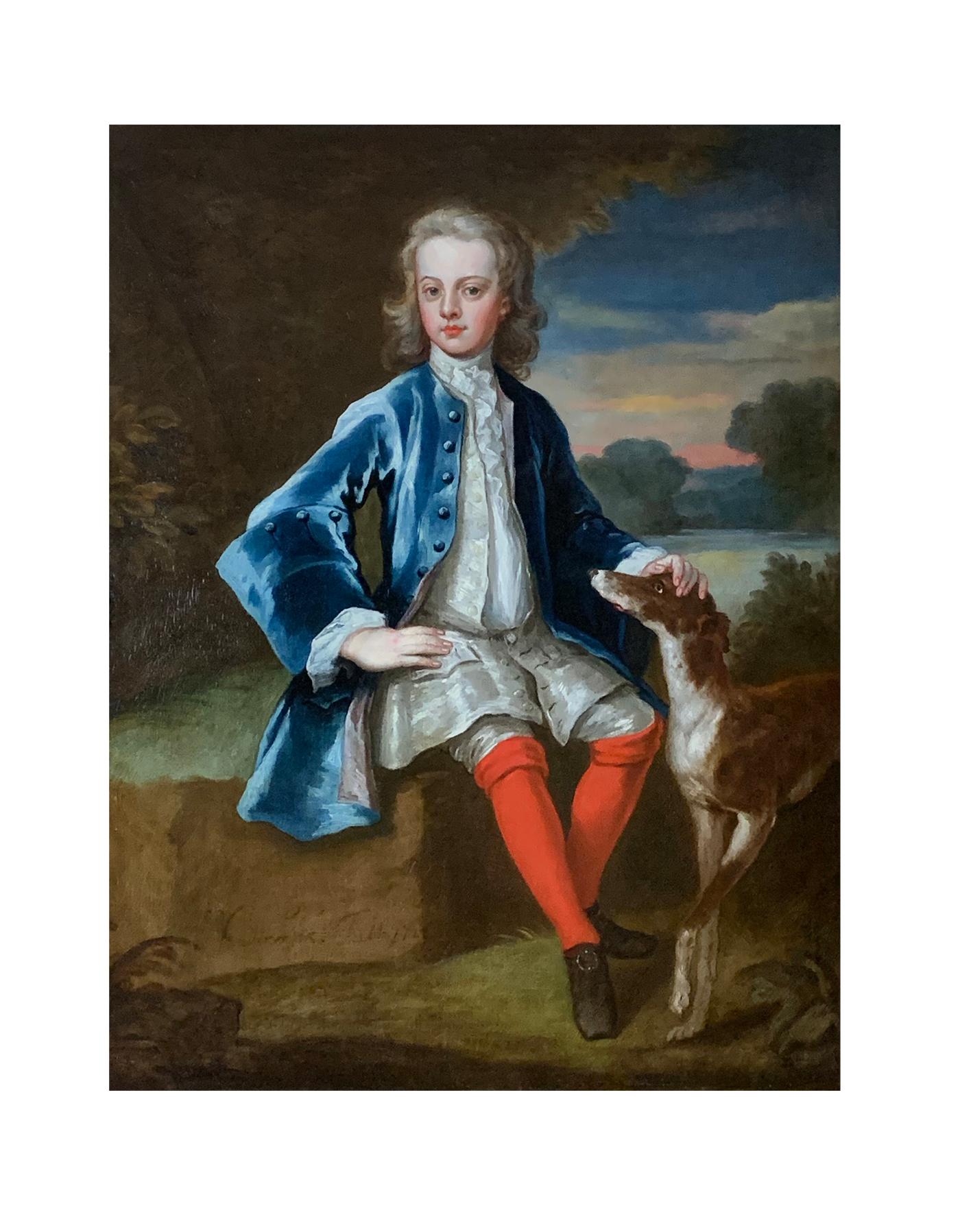 Englisches Porträt eines Gentleman in blauem Mantel mit seinem Hund aus dem 18. Jahrhundert – Painting von John Vanderbank