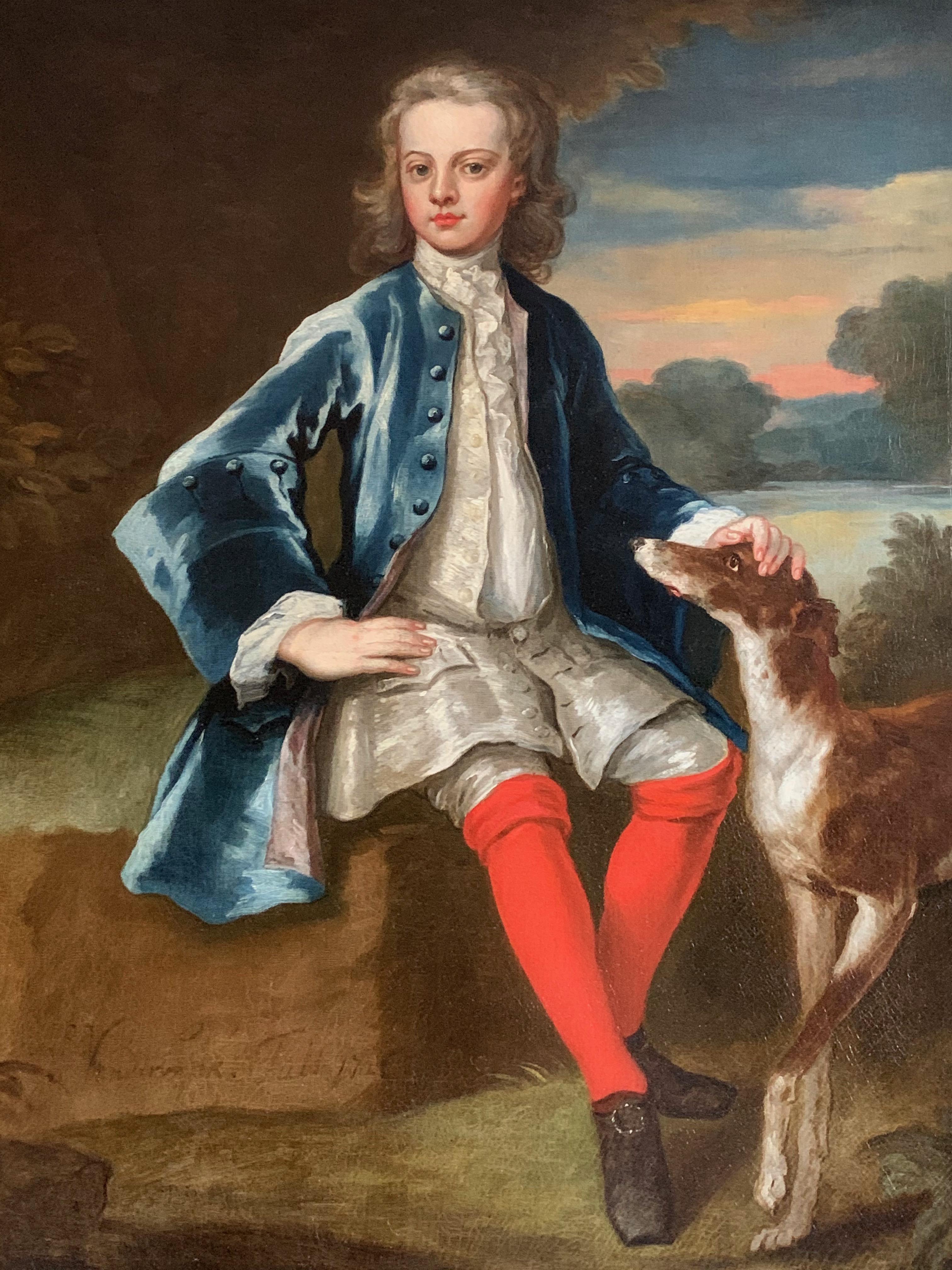 Englisches Porträt eines Gentleman in blauem Mantel mit seinem Hund aus dem 18. Jahrhundert (Alte Meister), Painting, von John Vanderbank