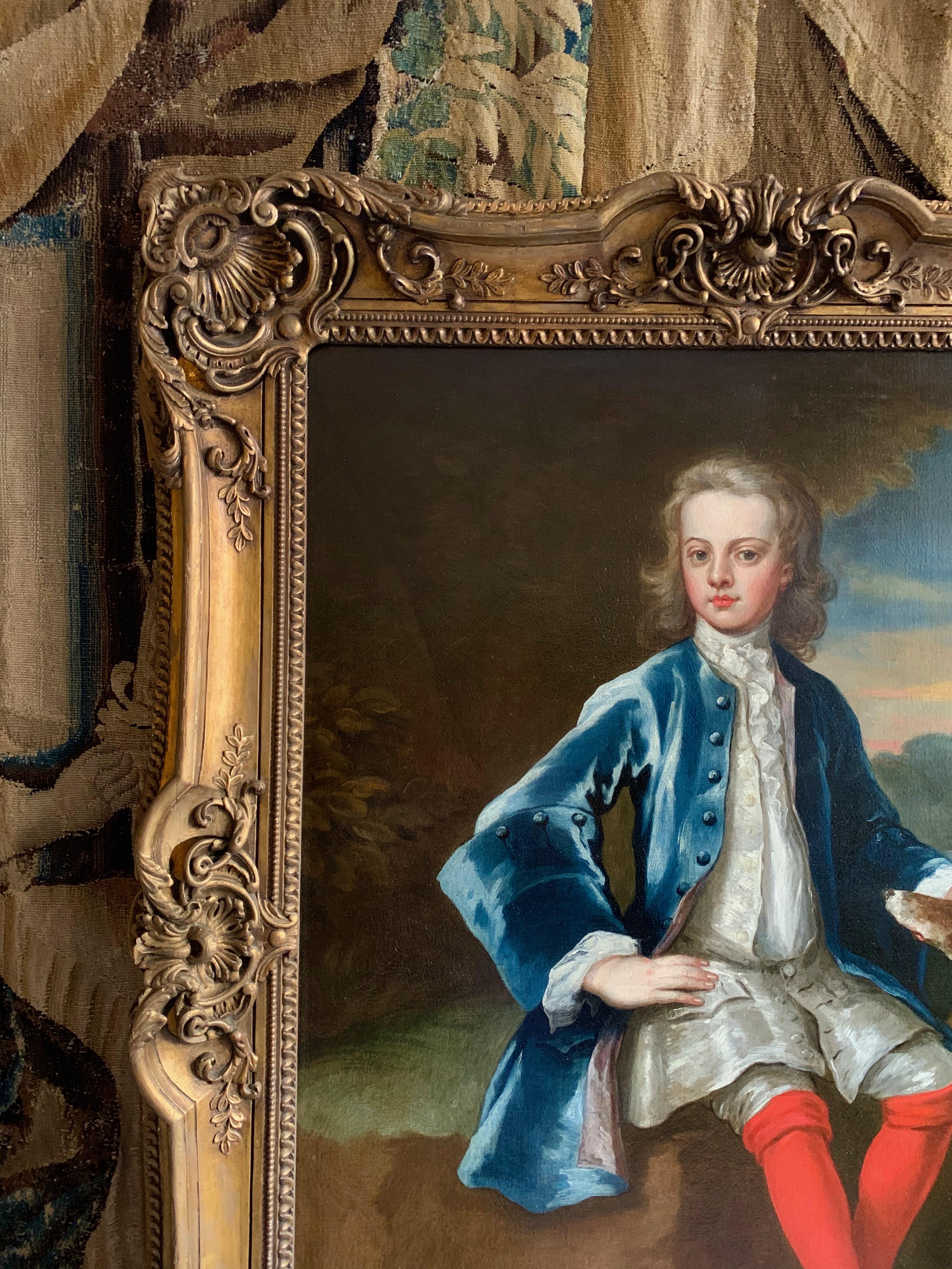 Englisches Porträt eines Gentleman in blauem Mantel mit seinem Hund aus dem 18. Jahrhundert im Angebot 1