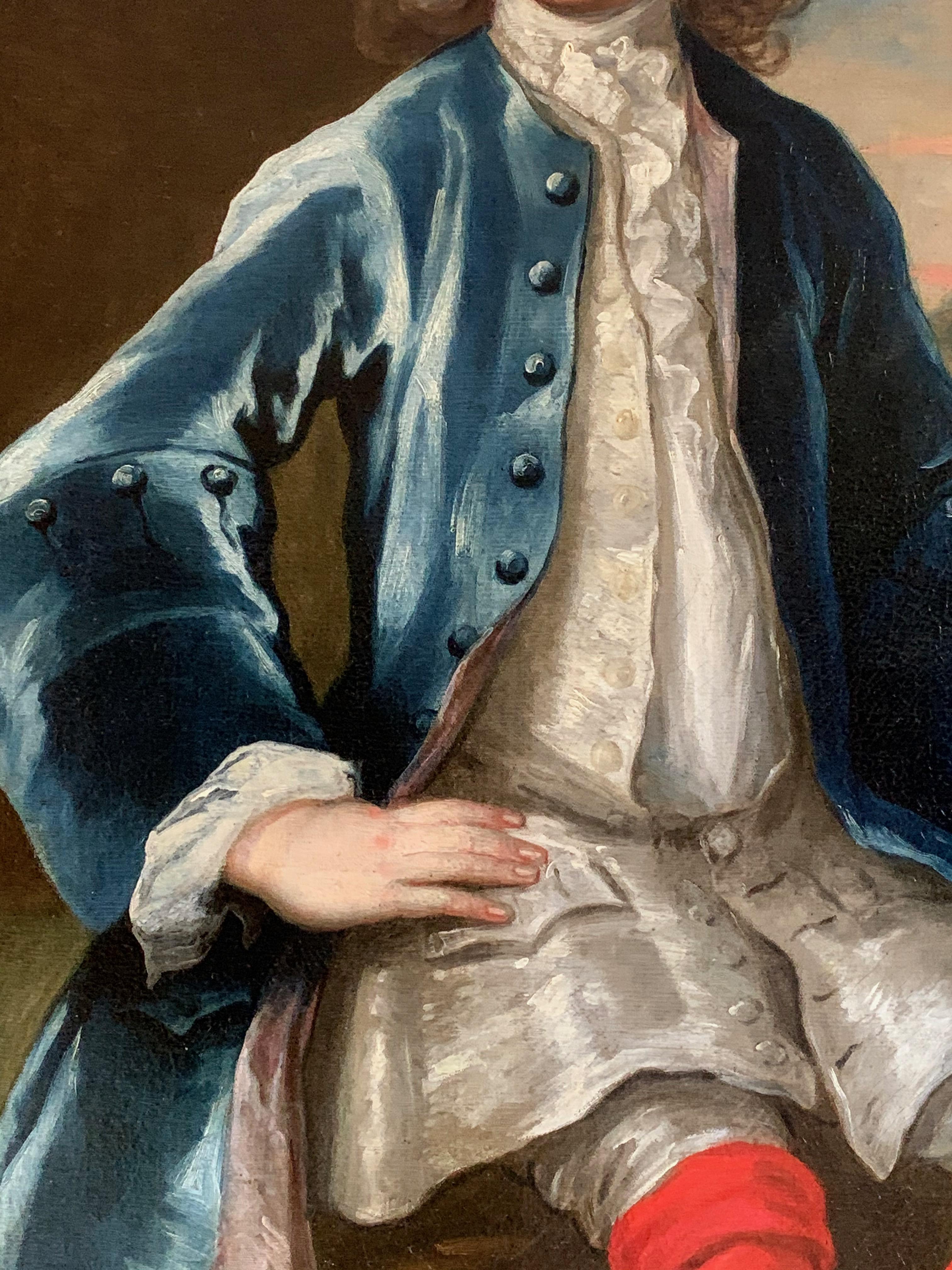 18th Century English Portrait of a Gentleman in a Blue Coat with his Dog For Sale 1