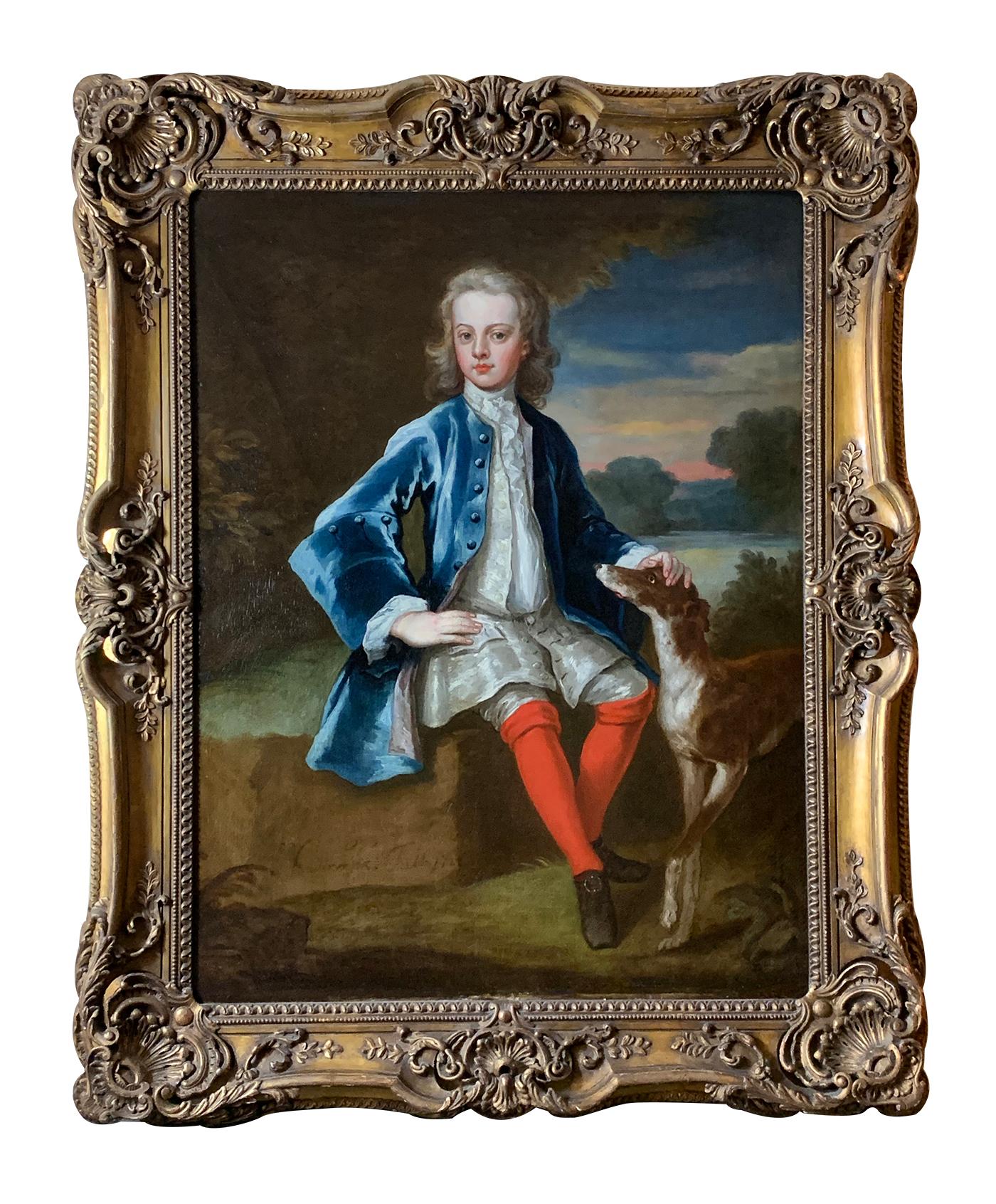 John Vanderbank Interior Painting – Englisches Porträt eines Gentleman in blauem Mantel mit seinem Hund aus dem 18. Jahrhundert