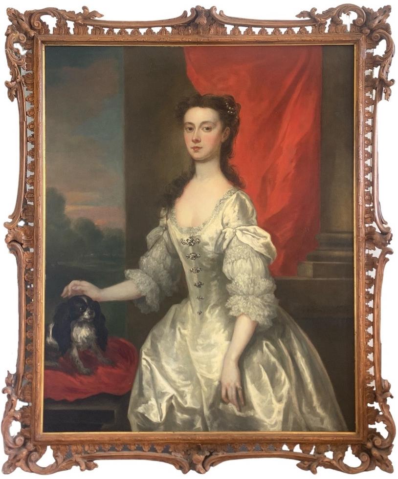 John Vanderbank Portrait Painting - English 18th century portrait of Elizabeth Bellenden with a spaniel