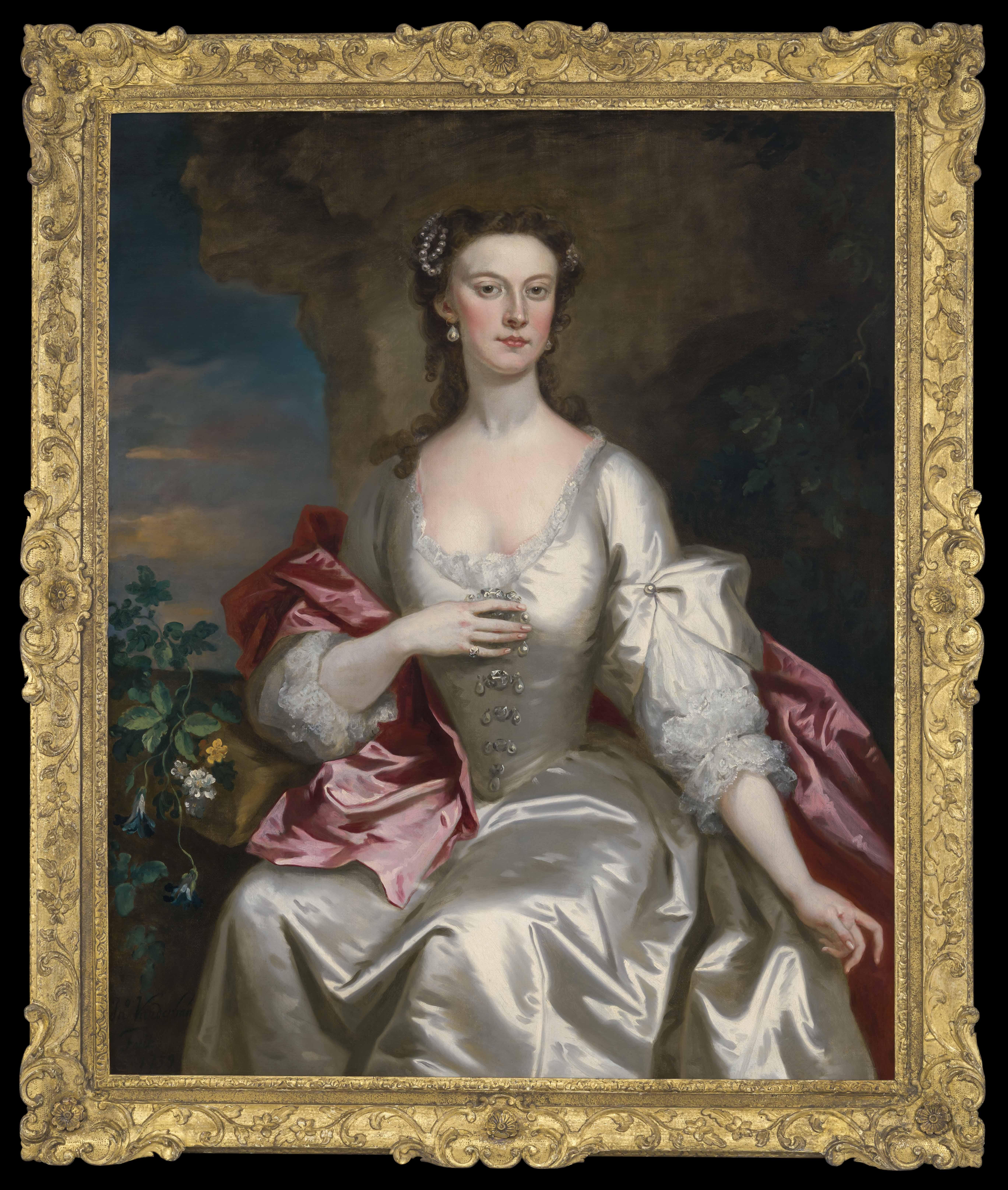 Portrait of a Lady White Silk Dress 
Red Drapery, Signed Dated 1739 Vanderbank - Art by John Vanderbank