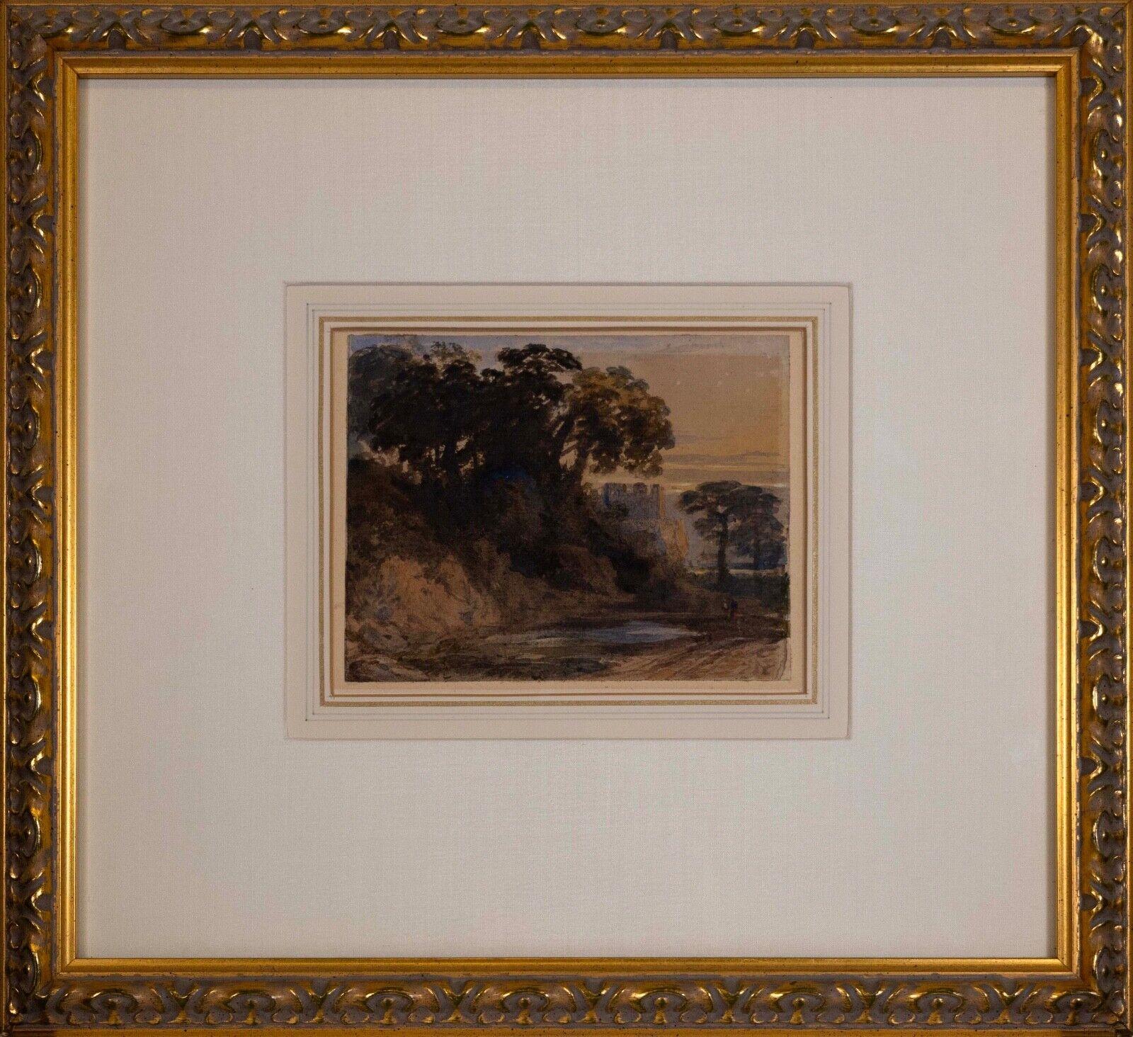 A tranquil and peaceful watercolor on paper depicting a landscape with a fortress by English artist John Varley. Circa early 1800s. According to the Encyclopædia Britannica Eleventh Edition, 