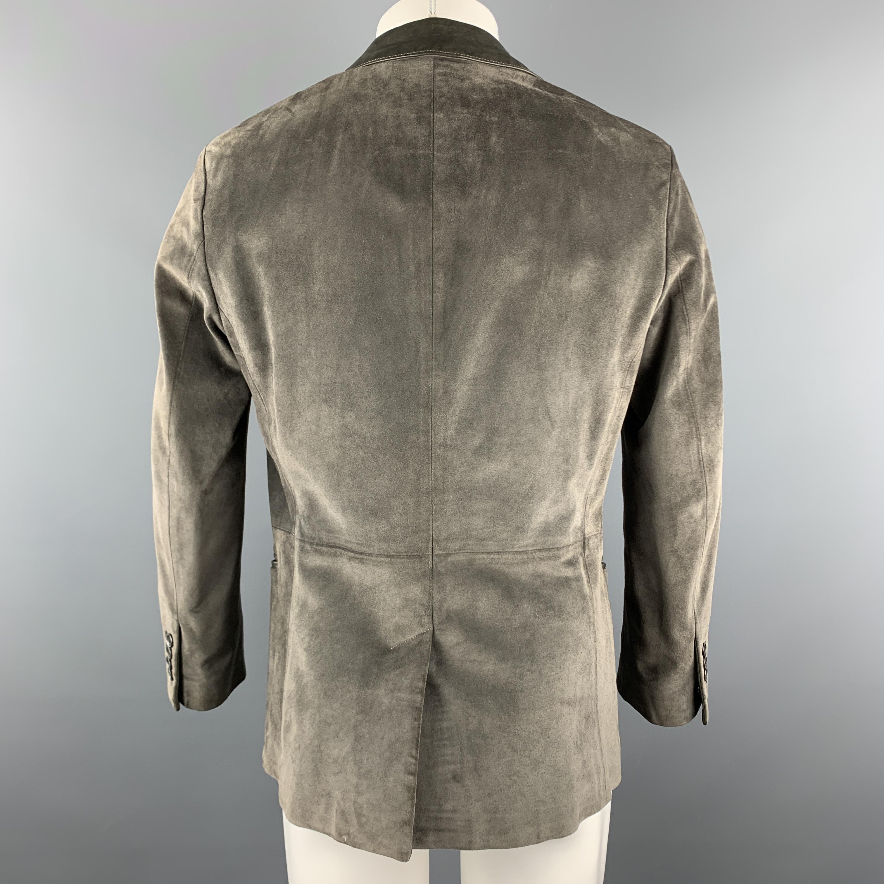 Gray JOHN VARVATOS 36 Slate Suede Notch Lapel Leather Trim Double Buttoned Jacket