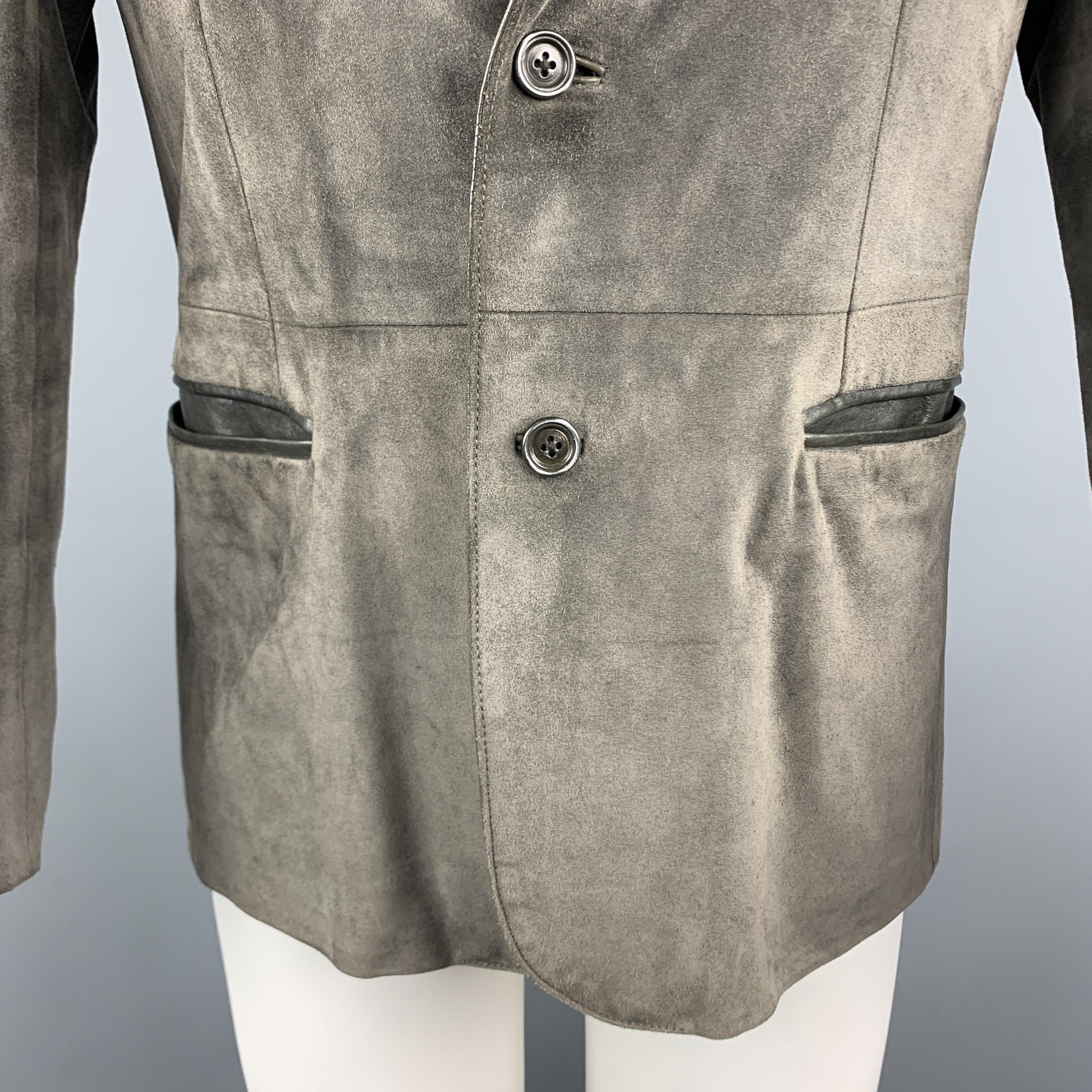 Men's JOHN VARVATOS 36 Slate Suede Notch Lapel Leather Trim Double Buttoned Jacket