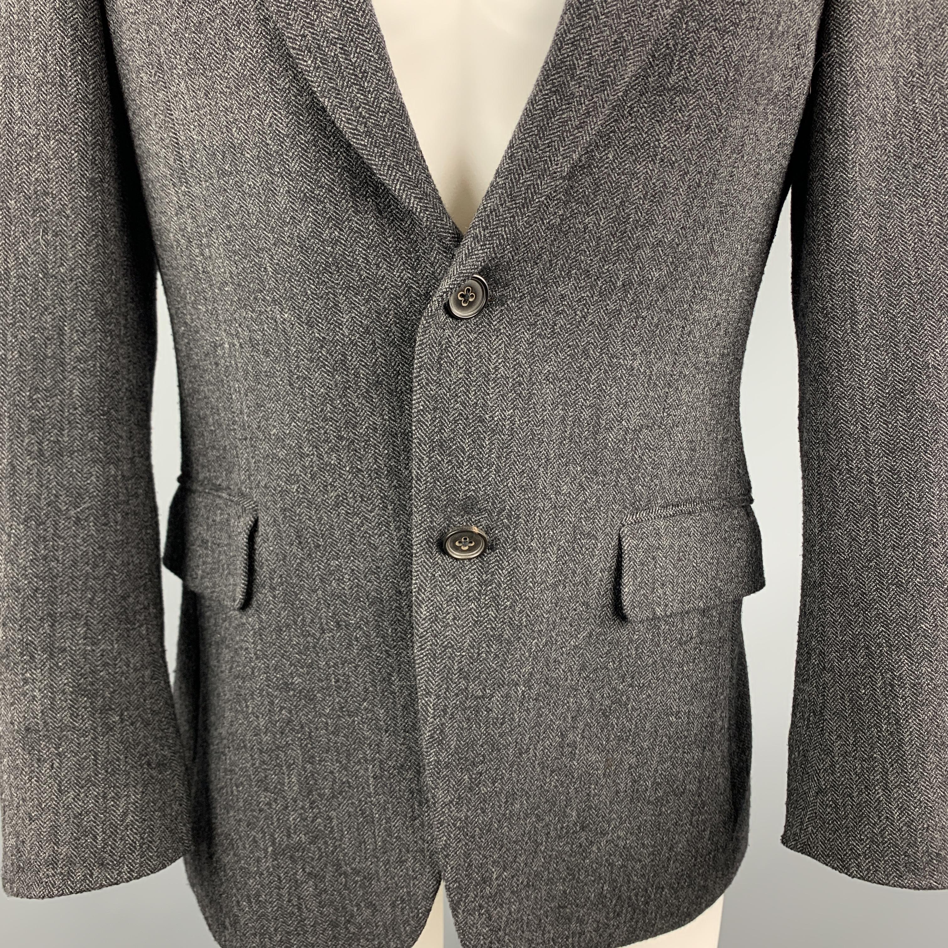 JOHN VARVATOS 38 Charcoal & Black Herringbone Wool Blend Double Buttoned Blazer In Excellent Condition In San Francisco, CA