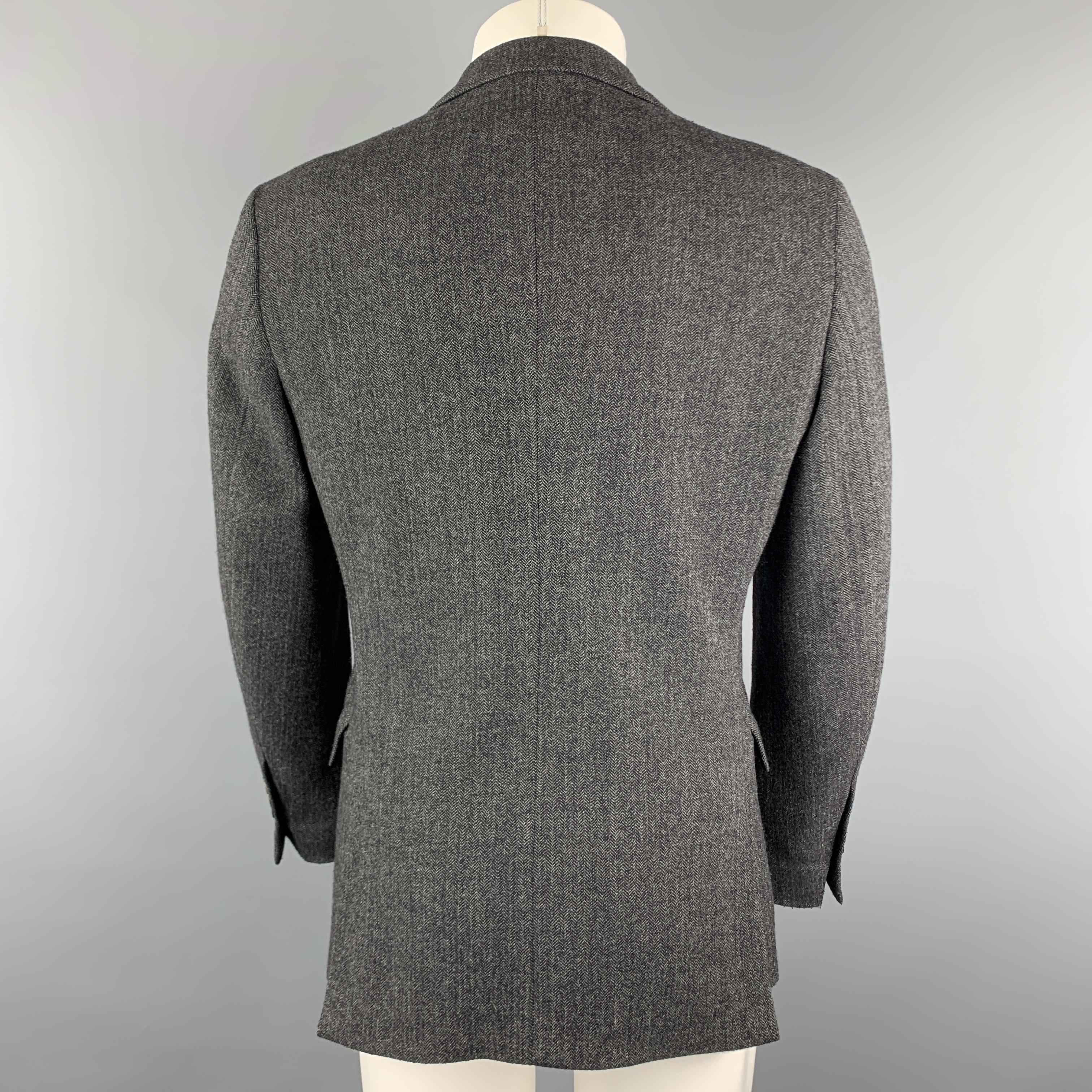 JOHN VARVATOS 38 Charcoal & Black Herringbone Wool Blend Double Buttoned Blazer 1