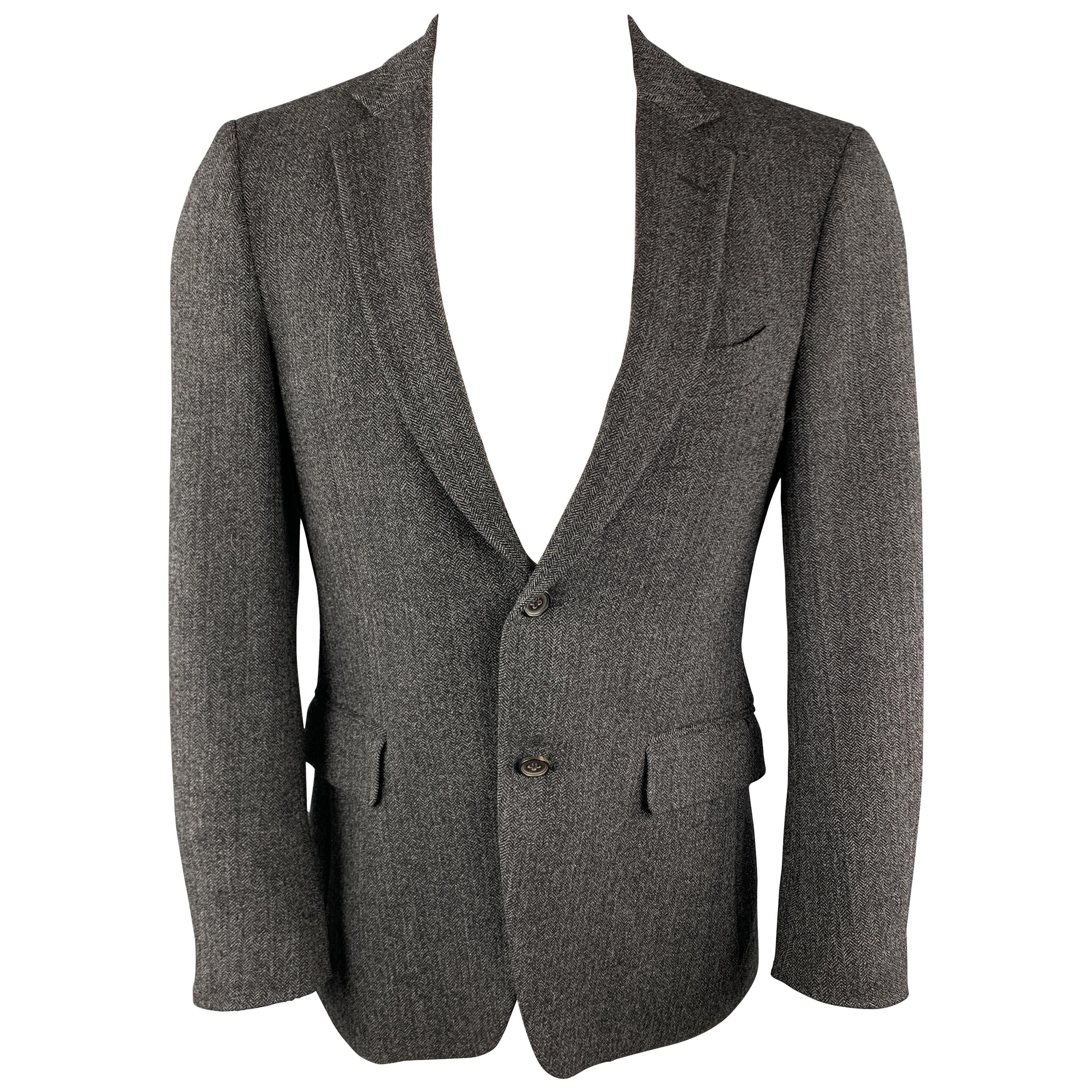 JOHN VARVATOS 38 Charcoal & Black Herringbone Wool Blend Double Buttoned Blazer