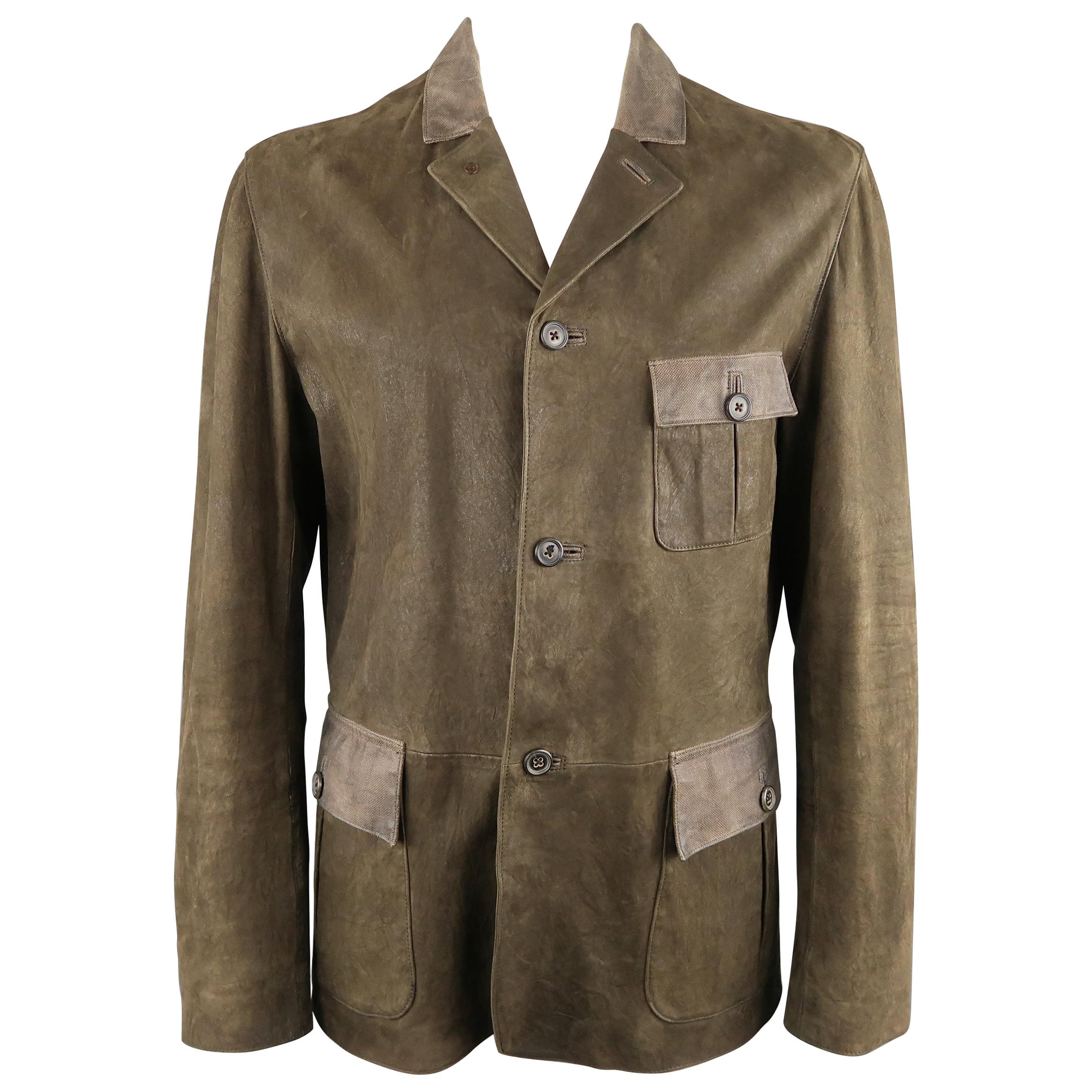 JOHN VARVATOS 44 Brown Distressed Leather Military Style Jacket