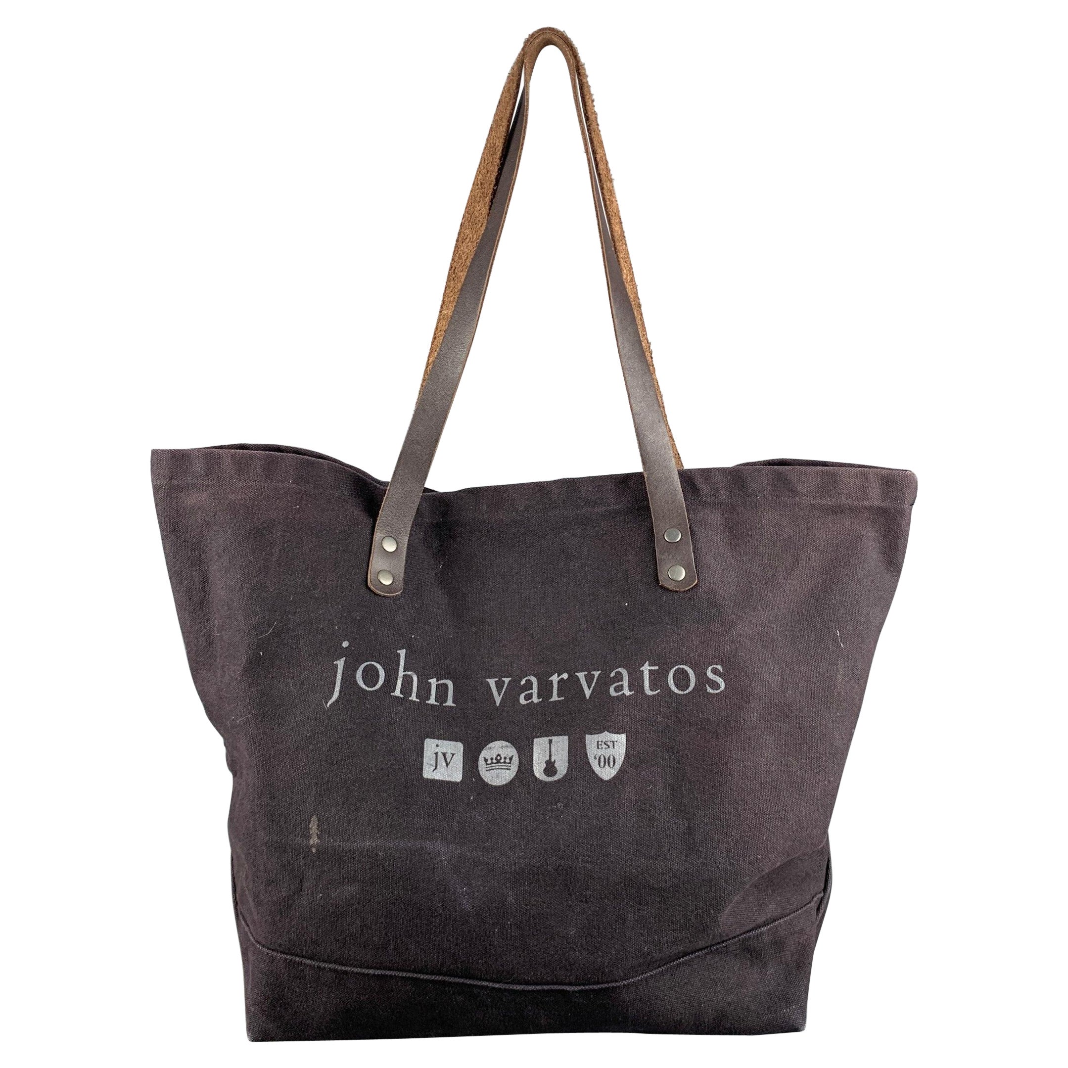 JOHN VARVATOS Brown Purple Logo Canvas Leather Tote Bags
