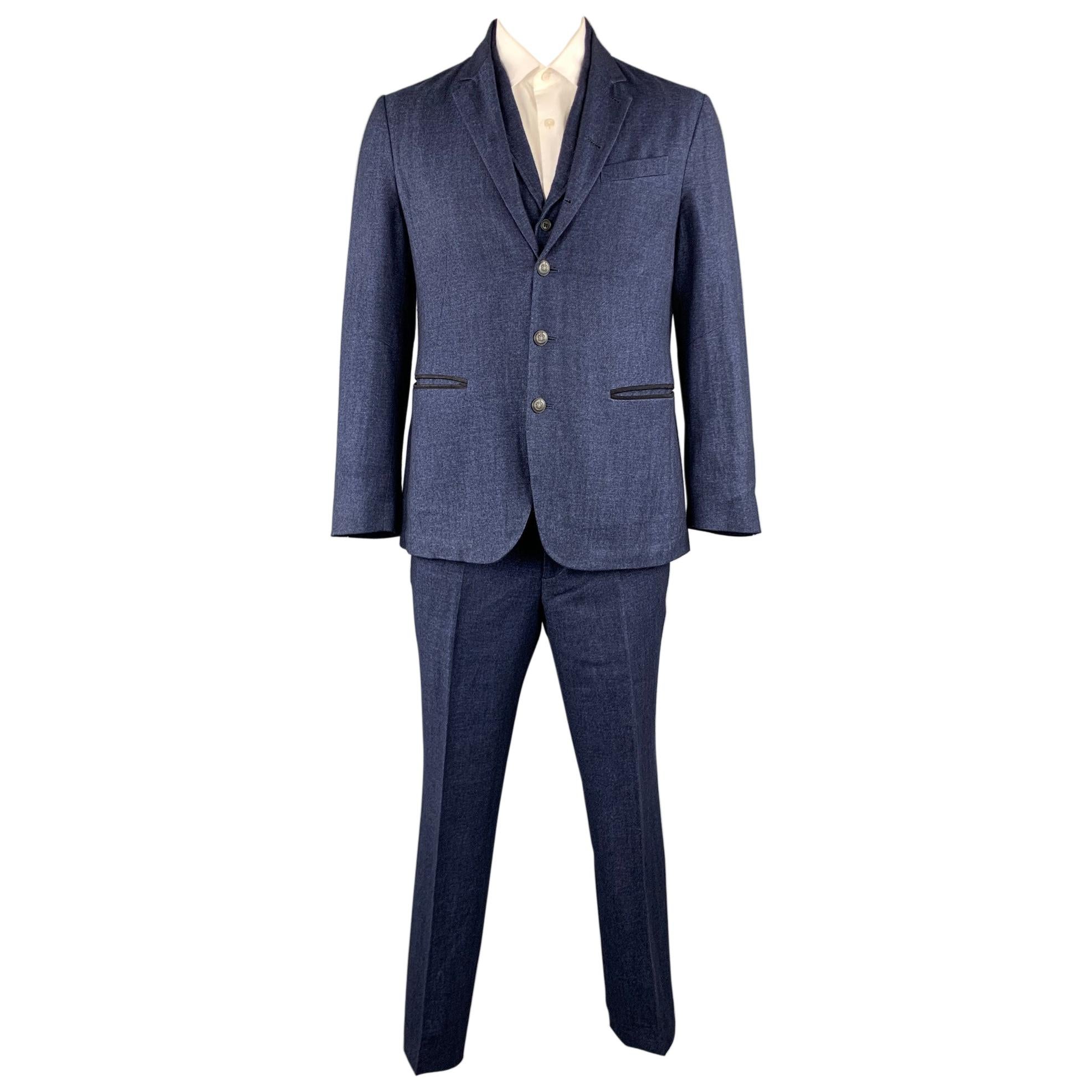 JOHN VARVATOS Chest Size 40 Blue Textured Linen / Wool Notch Lapel Suit