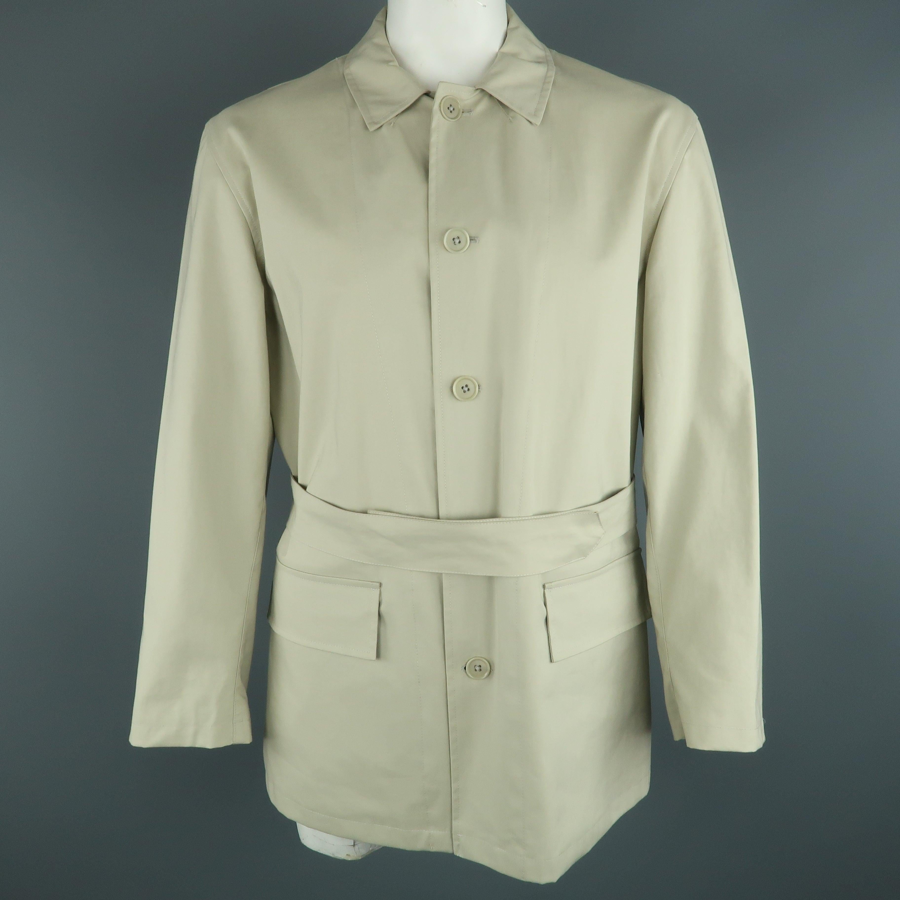 Beige JOHN VARVATOS Chest Size XL Khaki Solid Cotton Belted Coat For Sale