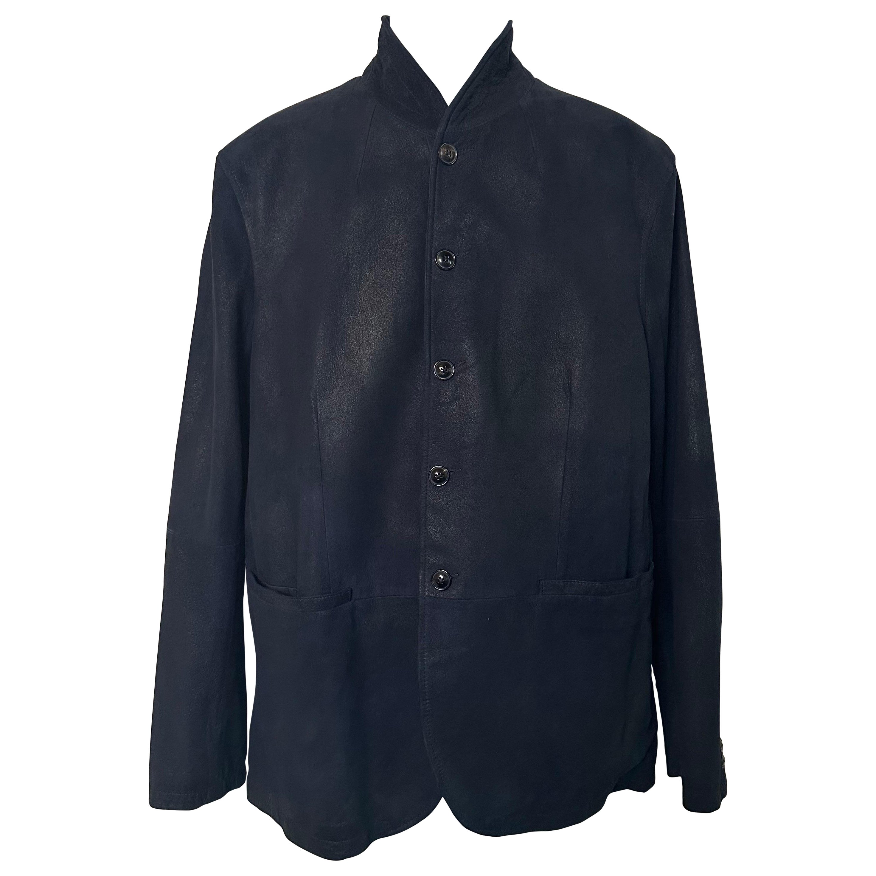 John Varvatos FW18 Burnished Suede Jacket XL Dark Navy Shawl Collar Button front