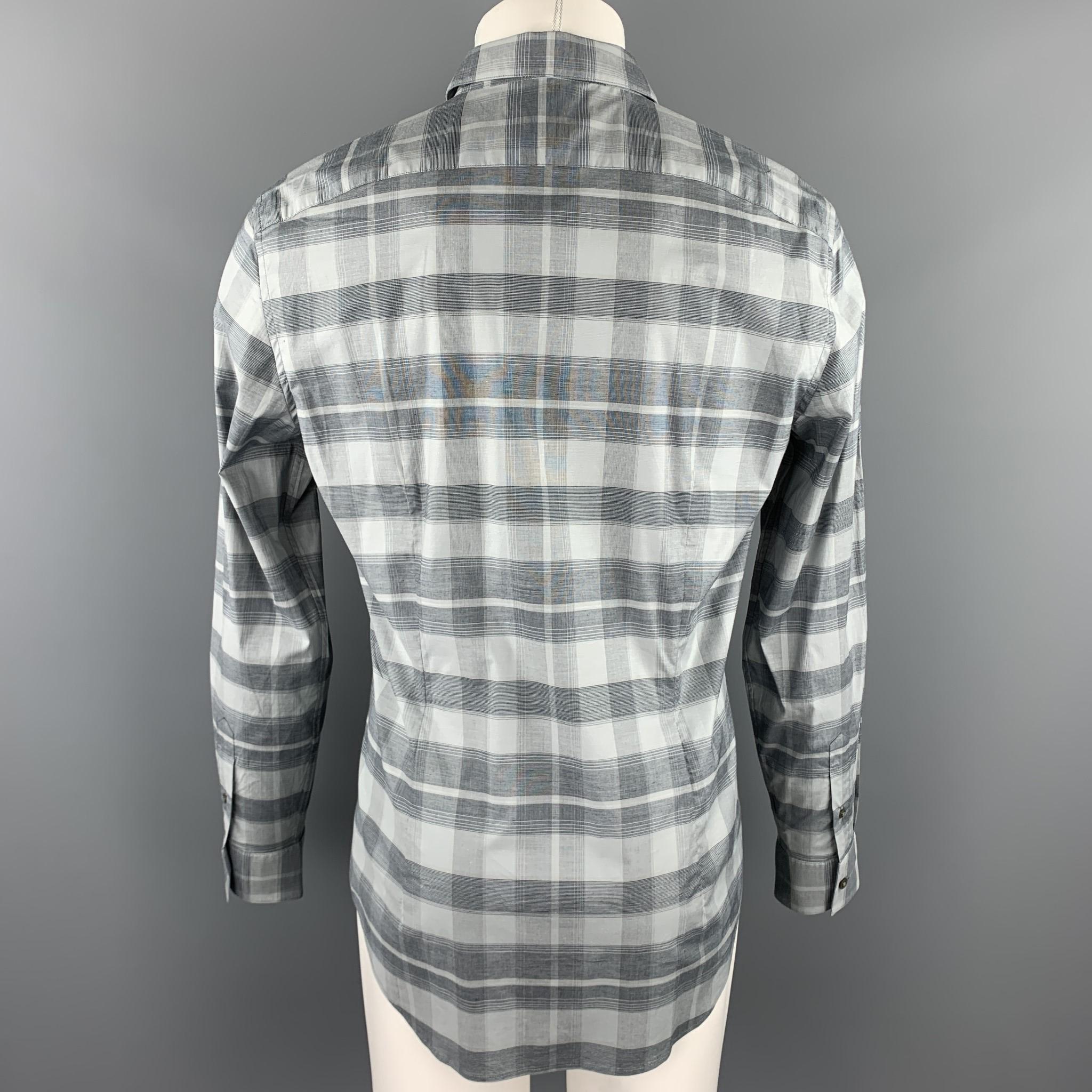 Gray JOHN VARVATOS Luxe Size M Grey Plaid Cotton Button Up Long Sleeve Shirt