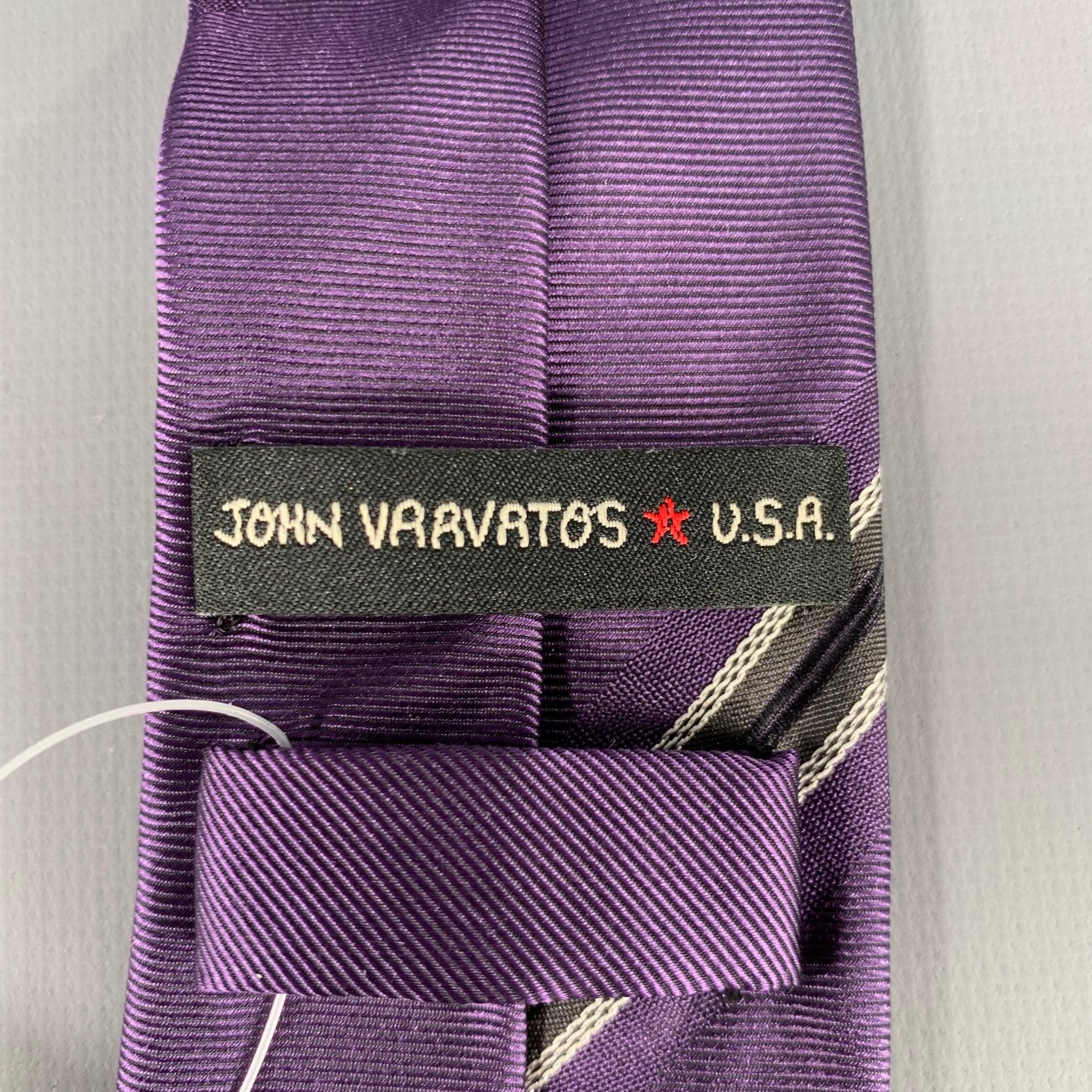 JOHN VARVATOS Purple Black White Diagonal Stripe Silk Tie In Excellent Condition For Sale In San Francisco, CA