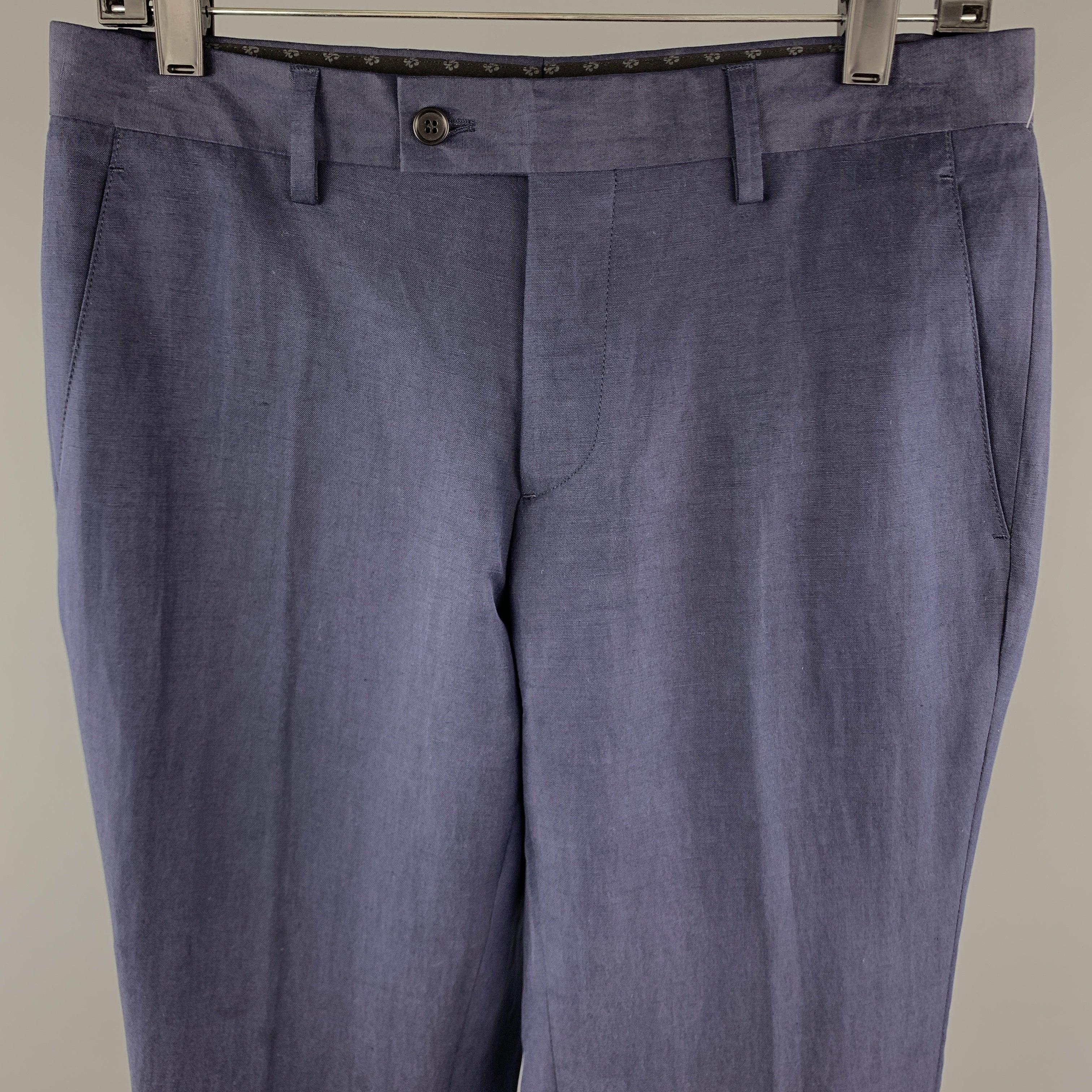 JOHN VARVATOS
Casual Pants comes in a navy tone in a solid linen / silk material, with a tab waist, a zip fly, and seam and slit pockets. Made in Italy.Excellent Pre-Owned Condition. 

Marked:   IT 46 

Measurements: 
  Waist: 32 inches 
Rise: 9.5