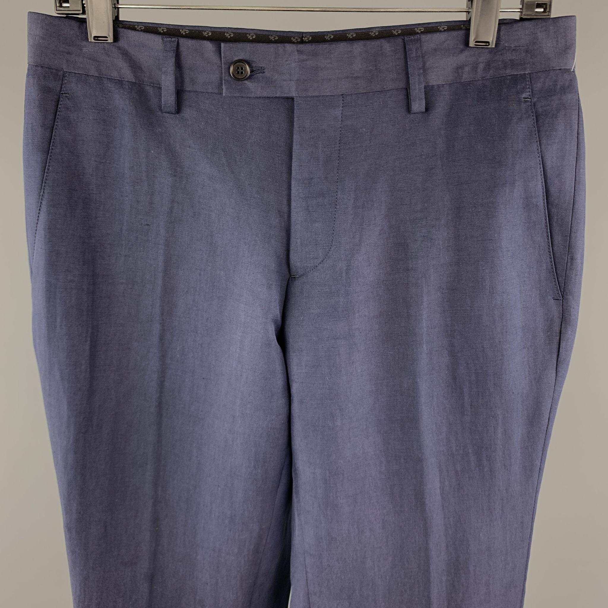 JOHN VARVATOS Casual Pants comes in a navy tone in a solid linen / silk material, with a tab waist, a zip fly, and seam and slit pockets. Made in Italy.

Excellent Pre-Owned Condition.
Marked: IT 46

Measurements:

Waist: 32 in. 
Rise: 9.5 in.