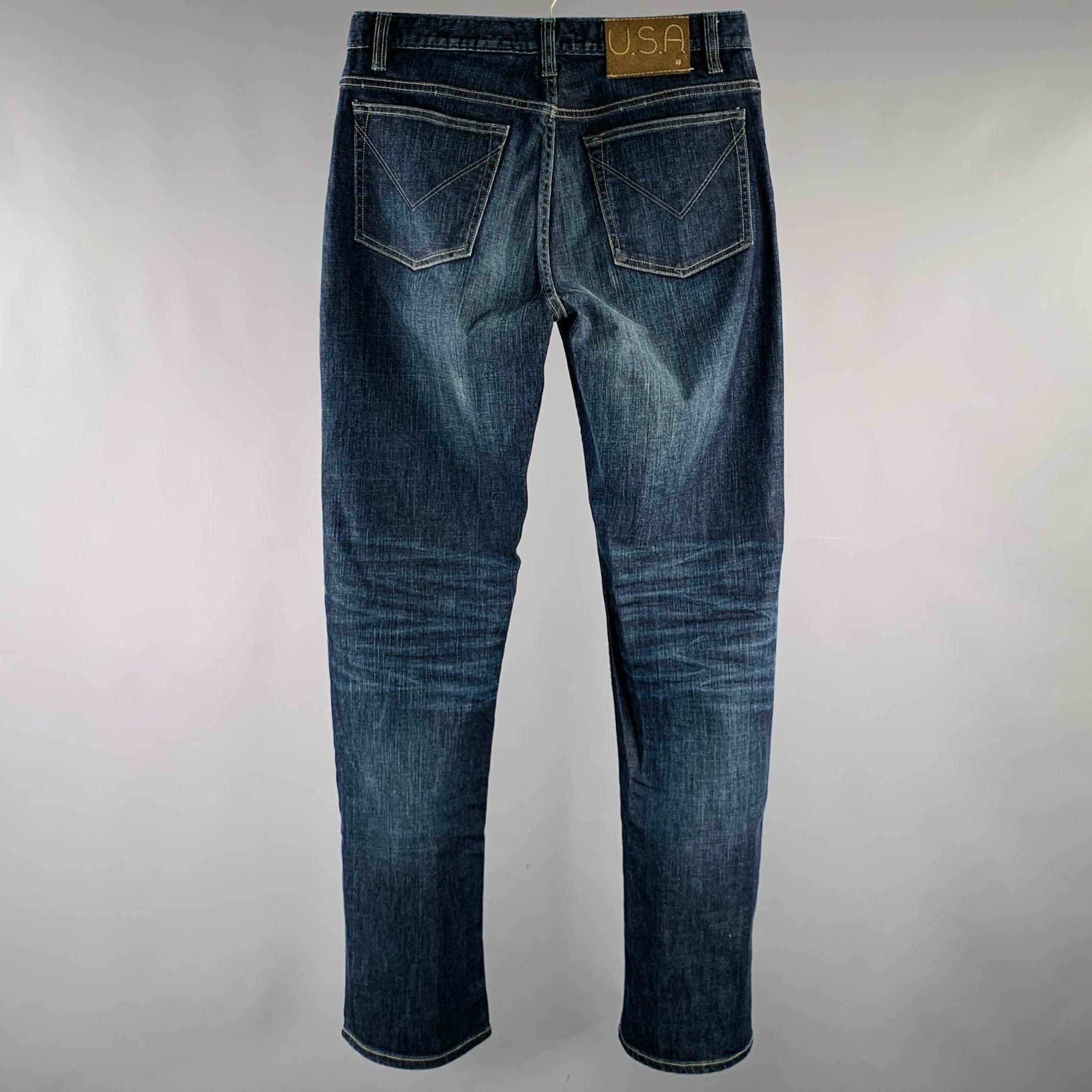 Black JOHN VARVATOS Size 32 Blue Distressed Cotton Blend Straight Jeans For Sale