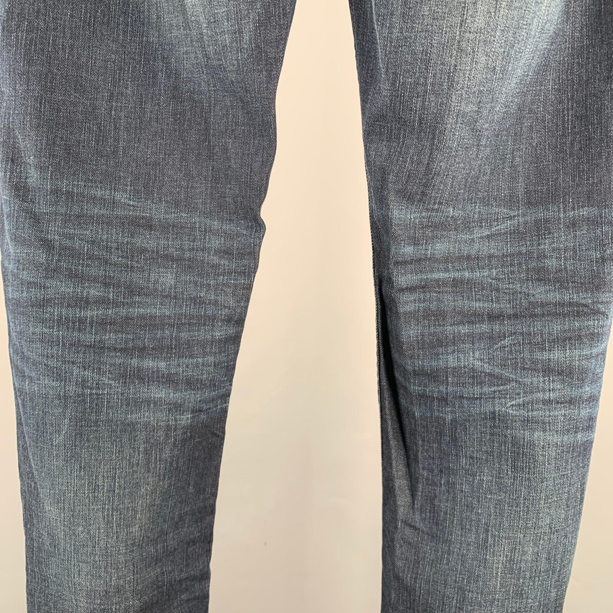 Men's JOHN VARVATOS Size 32 Blue Distressed Cotton Blend Straight Jeans For Sale