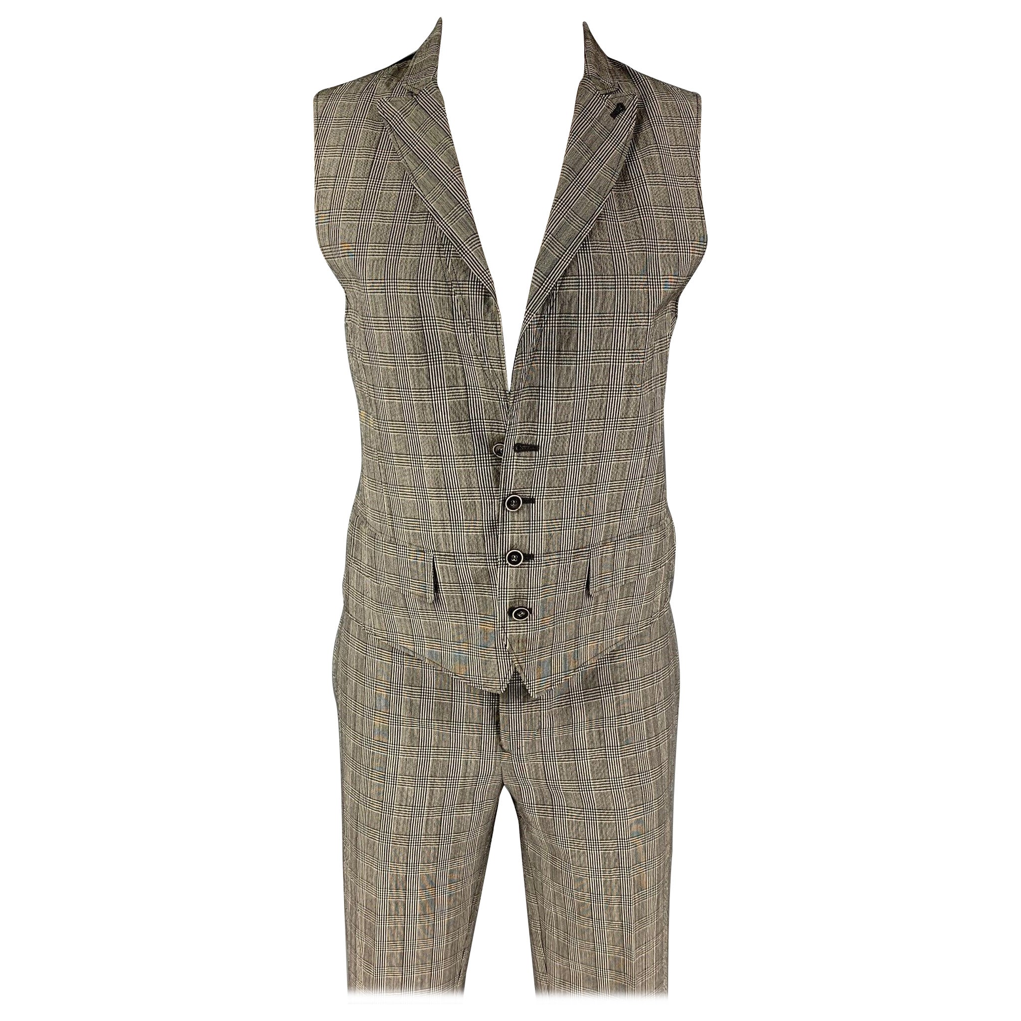 John Varvatos Taille 36 Costume gilet en laine Glenplaid, noir et blanc, avec revers à visière en vente