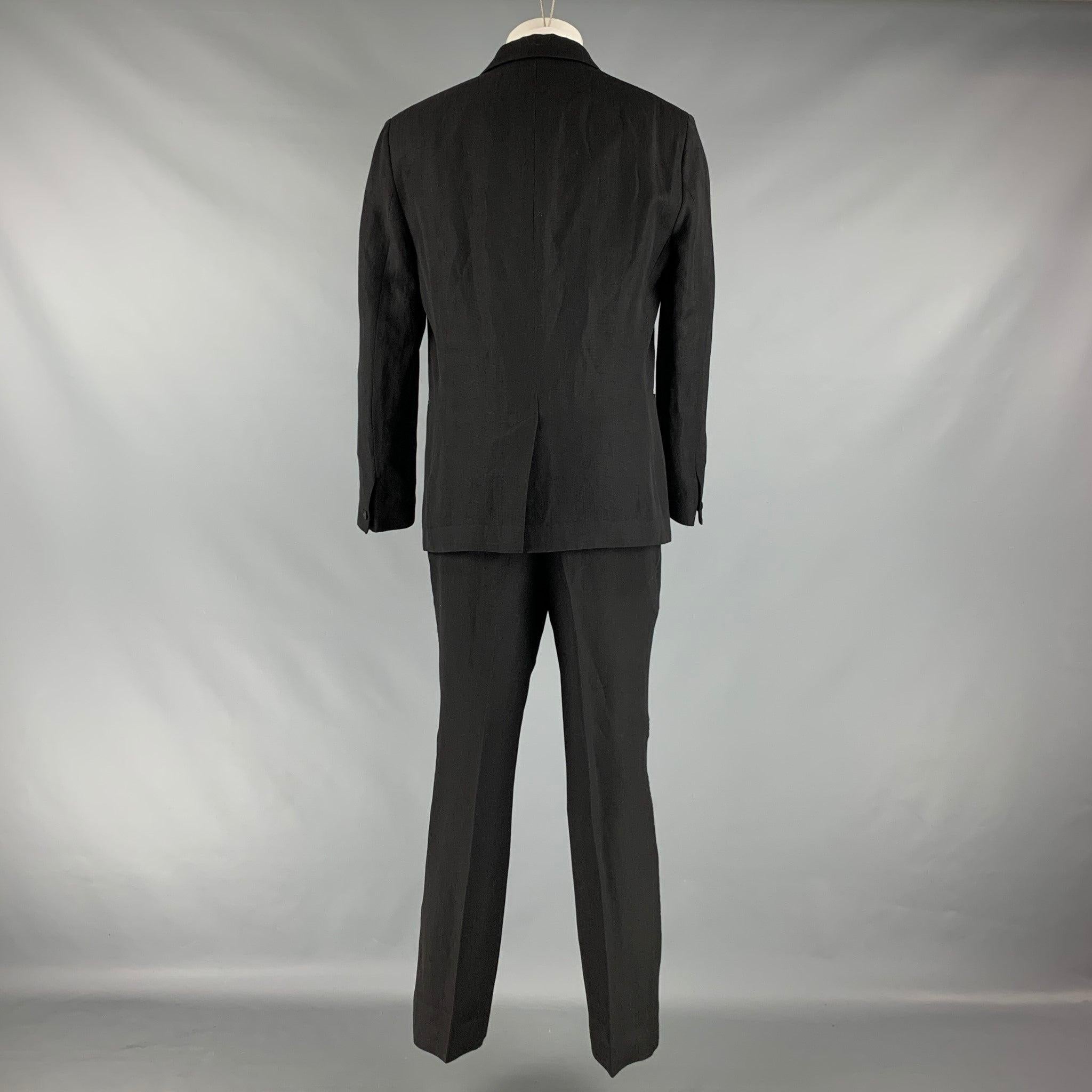 Men's JOHN VARVATOS Size 40 Black Solid Linen Wool Peak Lapel Tuxedo For Sale