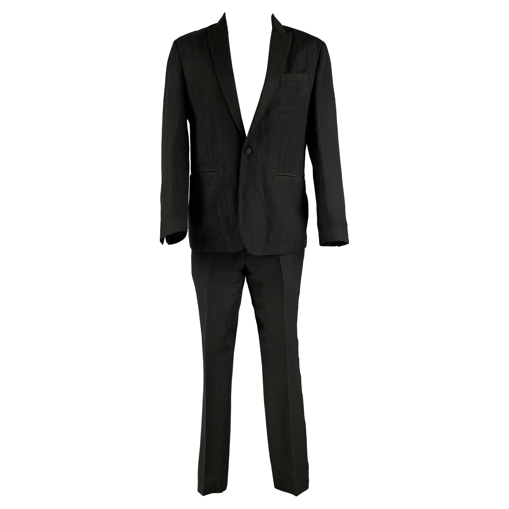 JOHN VARVATOS Size 40 Black Solid Linen Wool Peak Lapel Tuxedo