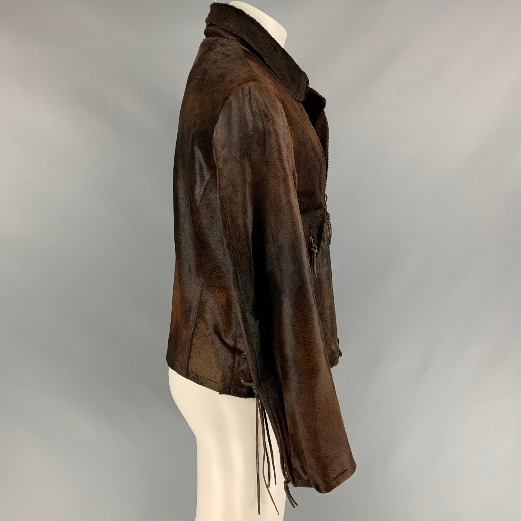 Black JOHN VARVATOS Size 40 Brown Calf Hair Zip Up Jacket