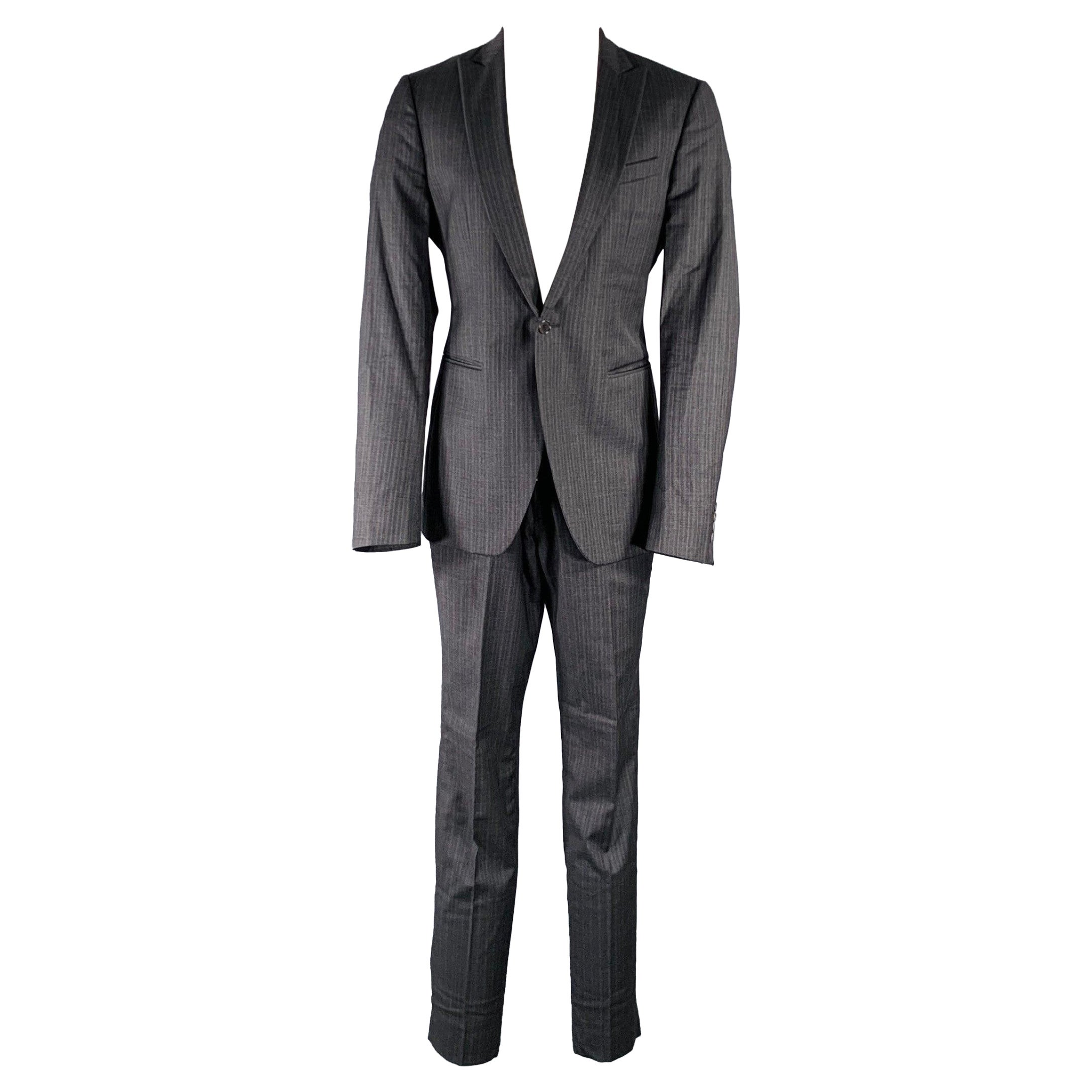 JOHN VARVATOS Size 40 Grey Charcoal Stripe Virgin Wool Suit