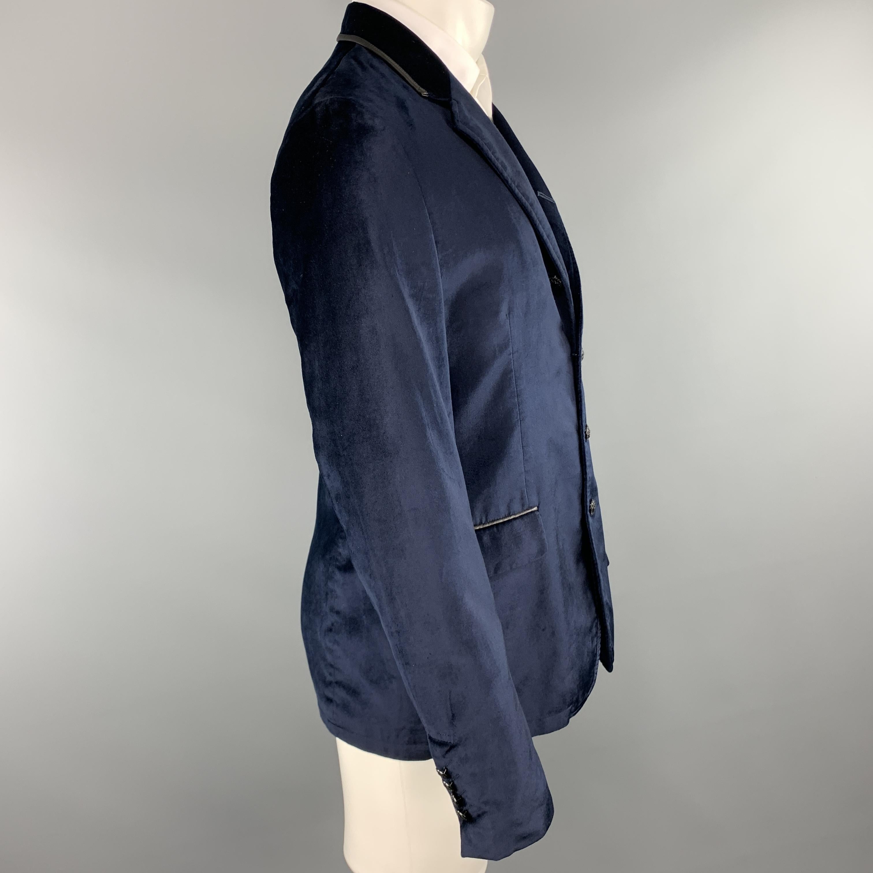 Men's JOHN VARVATOS Size 40 Navy Velvet High Collar Leather Trim Military Sport Coat