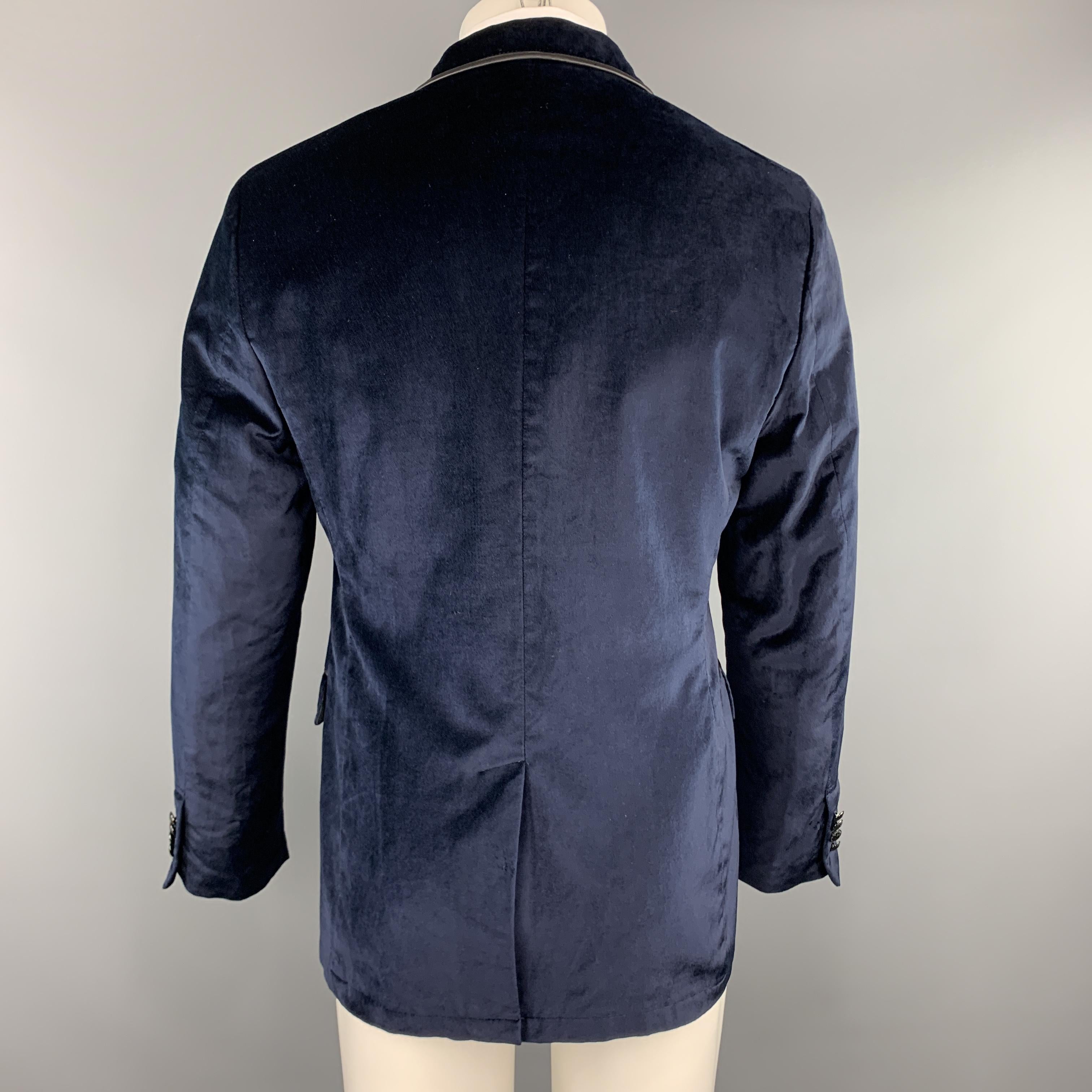 JOHN VARVATOS Size 40 Navy Velvet High Collar Leather Trim Military Sport Coat 1