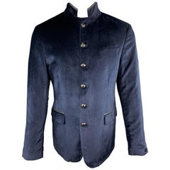 JOHN VARVATOS Size 40 Navy Velvet High Collar Leather Trim Military Sport Coat