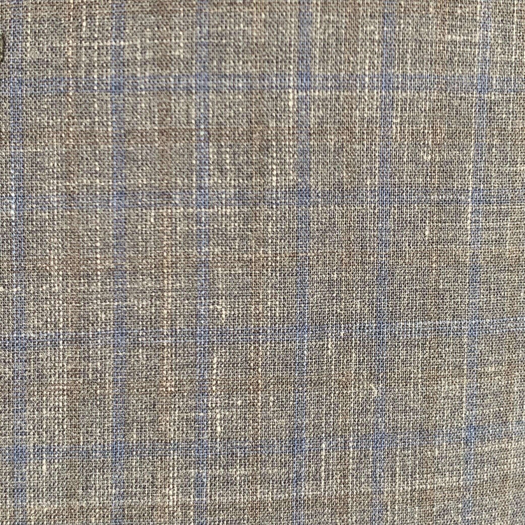 JOHN VARVATOS suit
in a grey and blue checkered wool linen blend with a full liner and includes a single breasted, double button sport coat with a peak lapel and matching flat front trousers. Made in Italy.Excellent Pre-Owned Condition. 

Marked:  