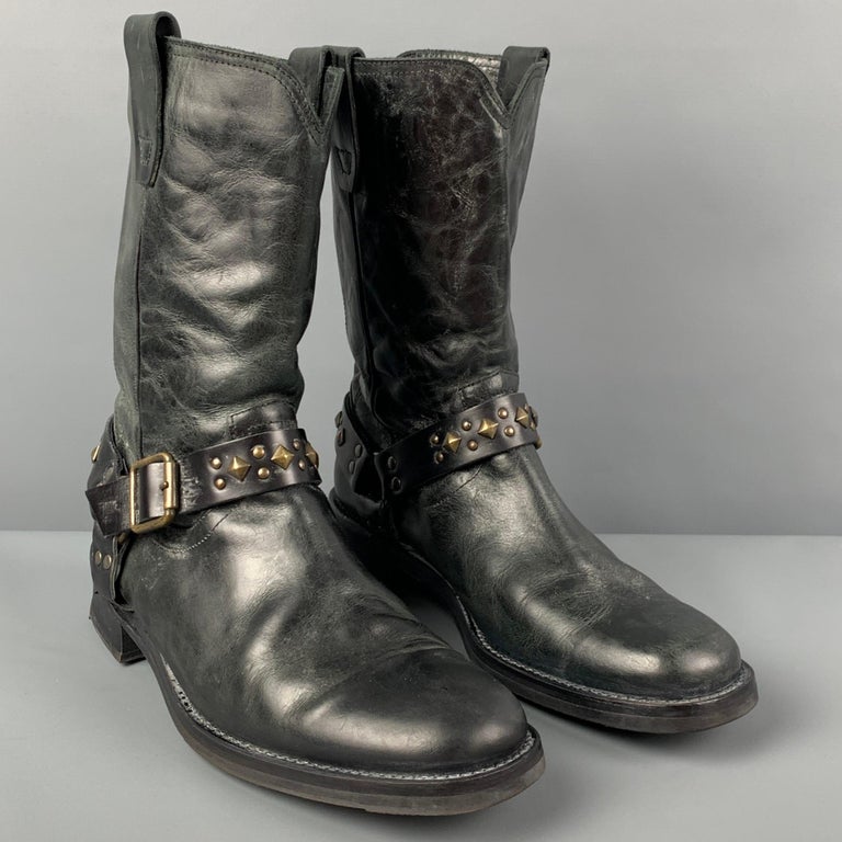 JOHN VARVATOS Size 9.5 Black Studded Leather Pull On Boots For Sale at