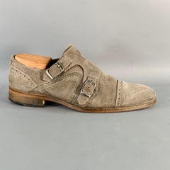 JOHN VARVATOS Taglia 9,5 Mocassini doppi traforati in pelle scamosciata grigia con cinturino alla caviglia