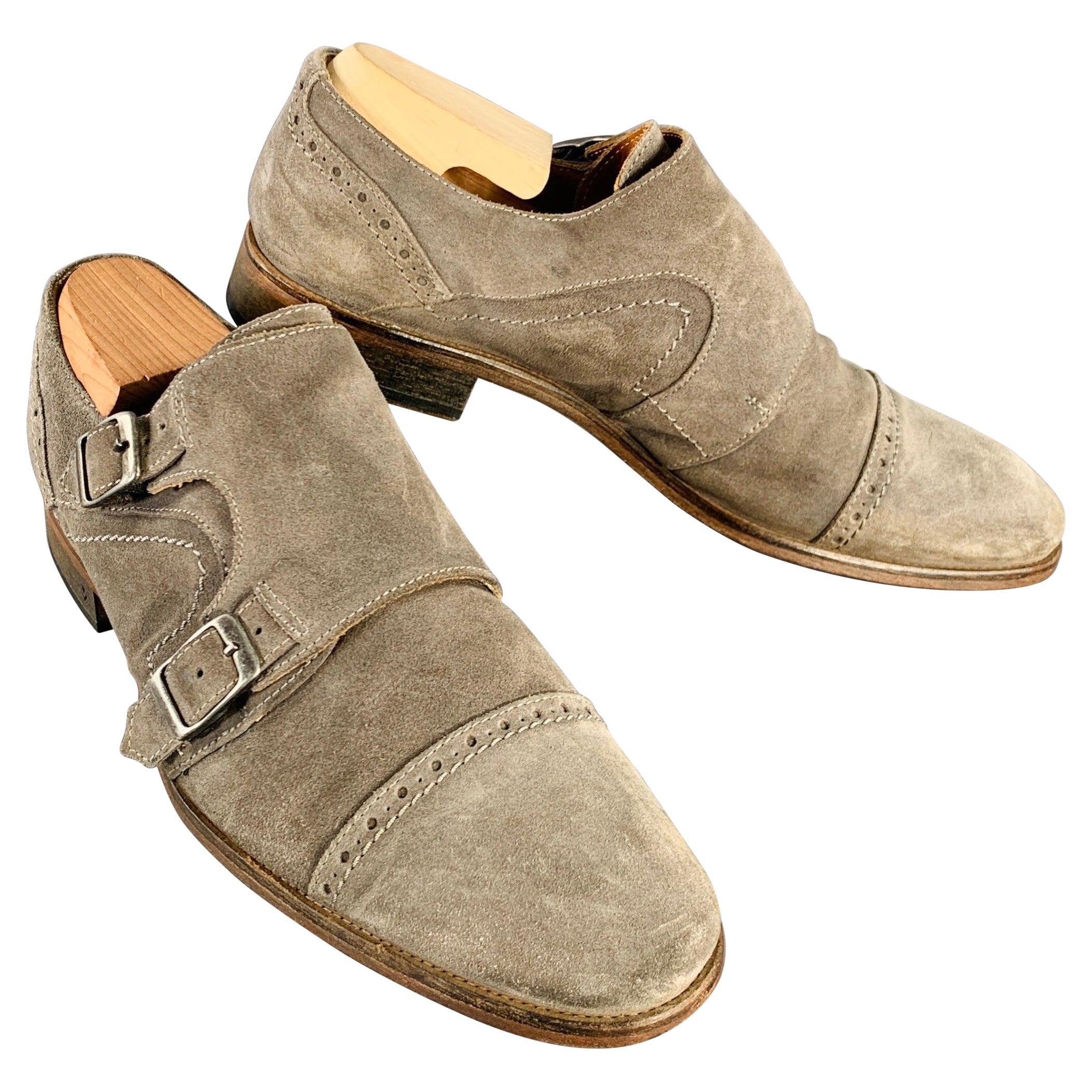 JOHN VARVATOS Size 9.5 Grey Suede Perforated Double Monk Strap Loafers